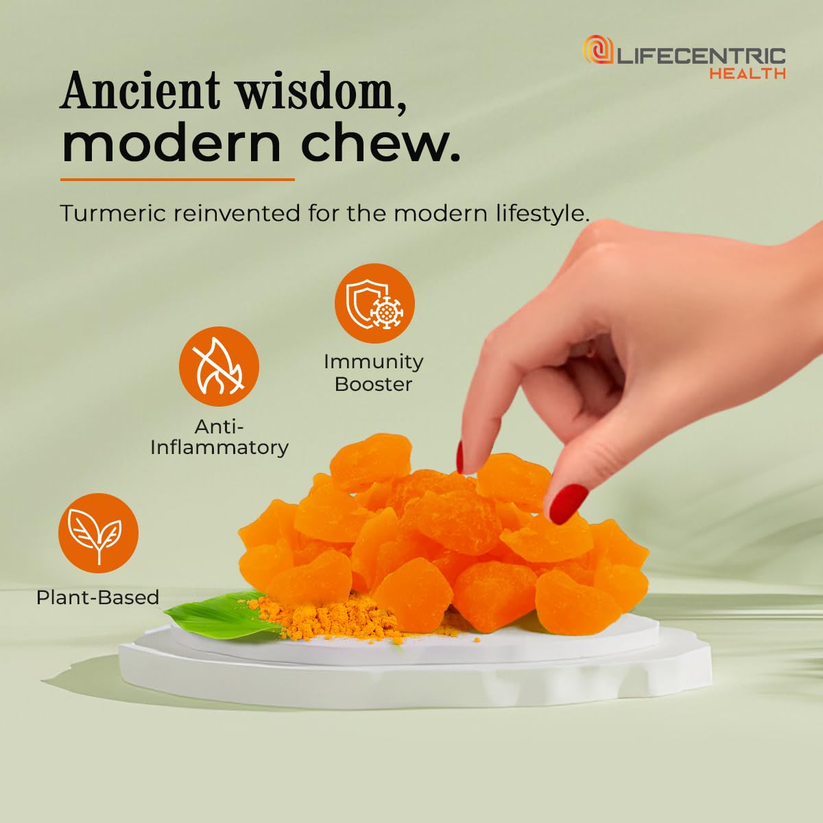 LifeCentric Health Turmeric Curcumin Gummies on a wooden table