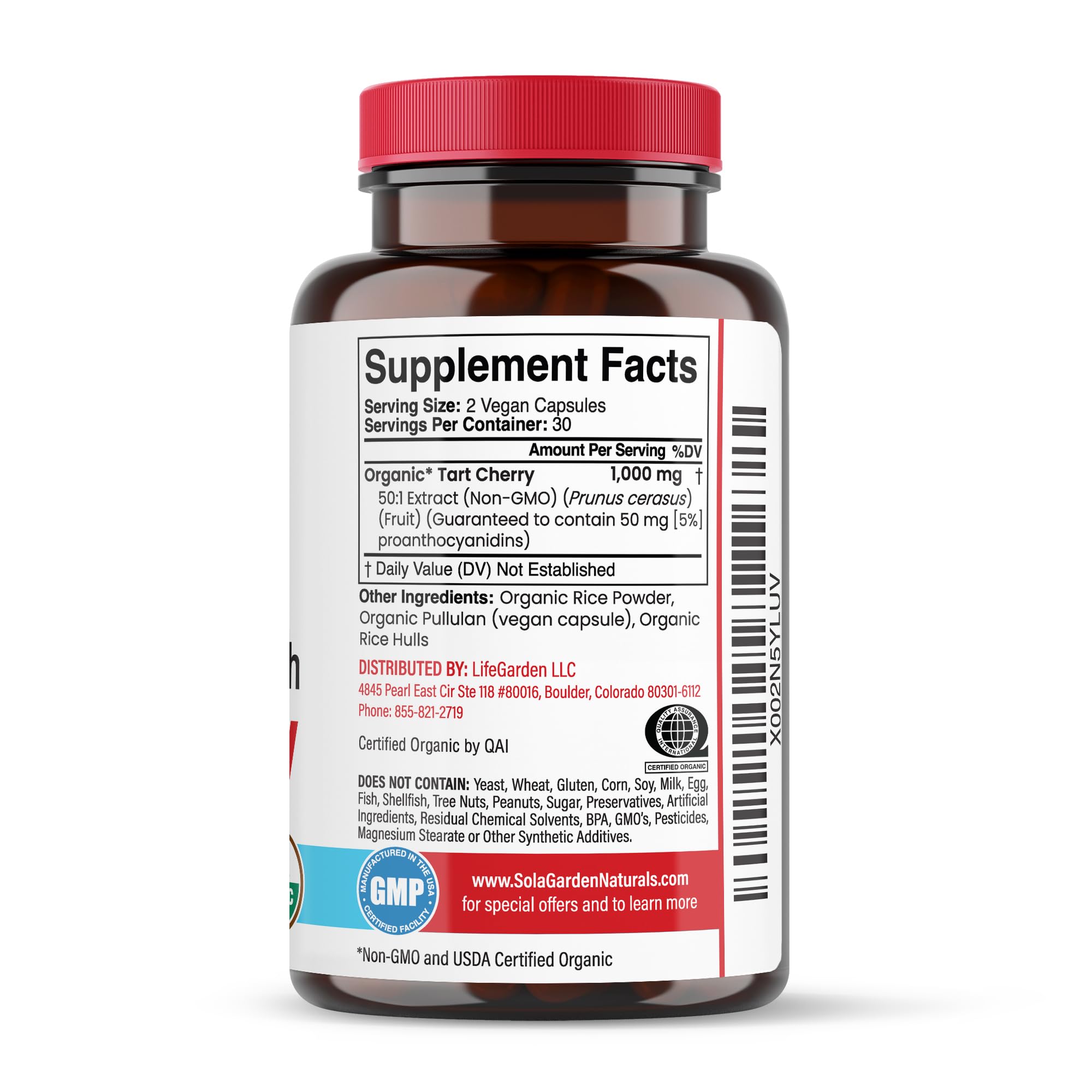 LifeGarden Naturals Super Strength Tart Cherry Capsules with a measuring spoon