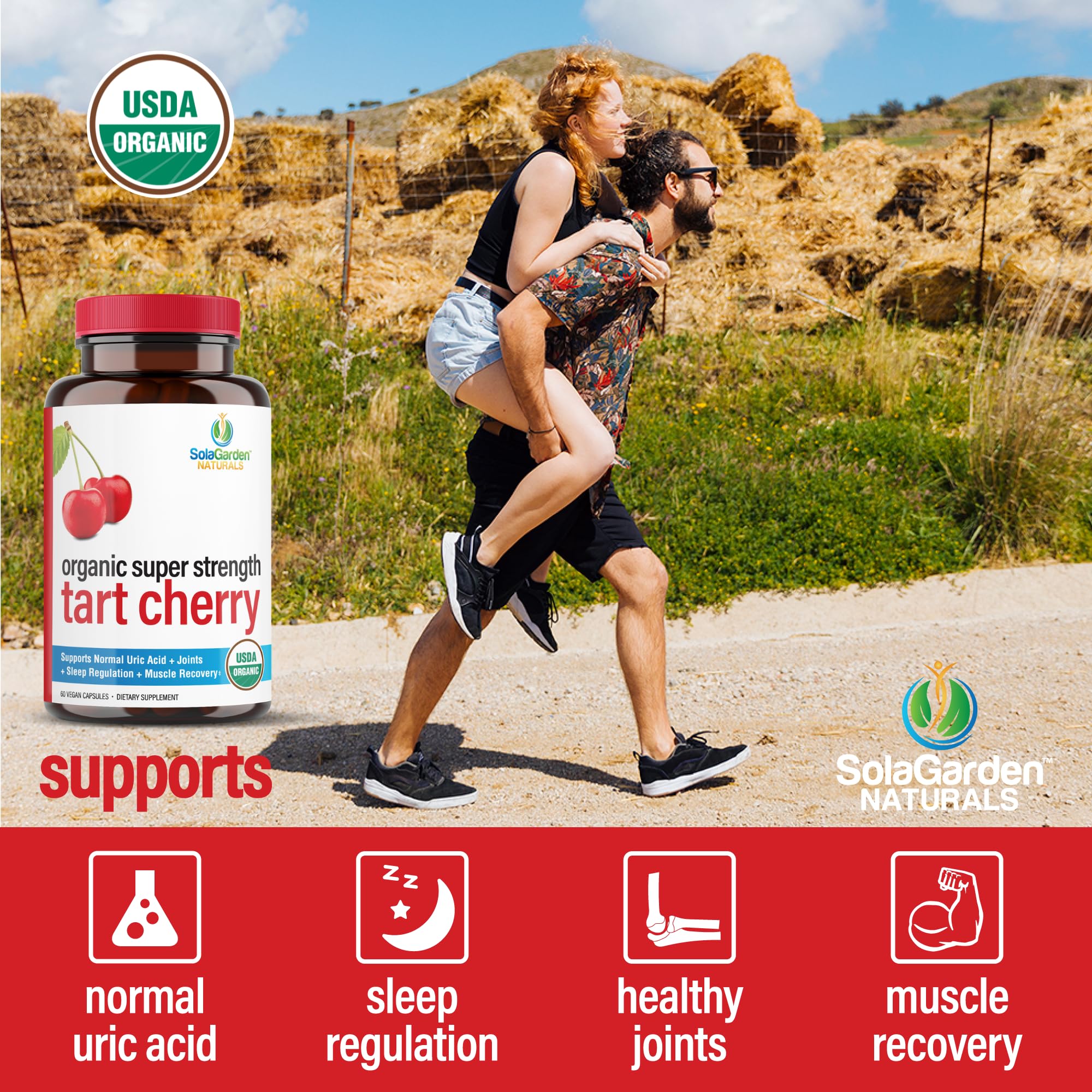 LifeGarden Naturals Super Strength Tart Cherry Capsules with bottle and capsules