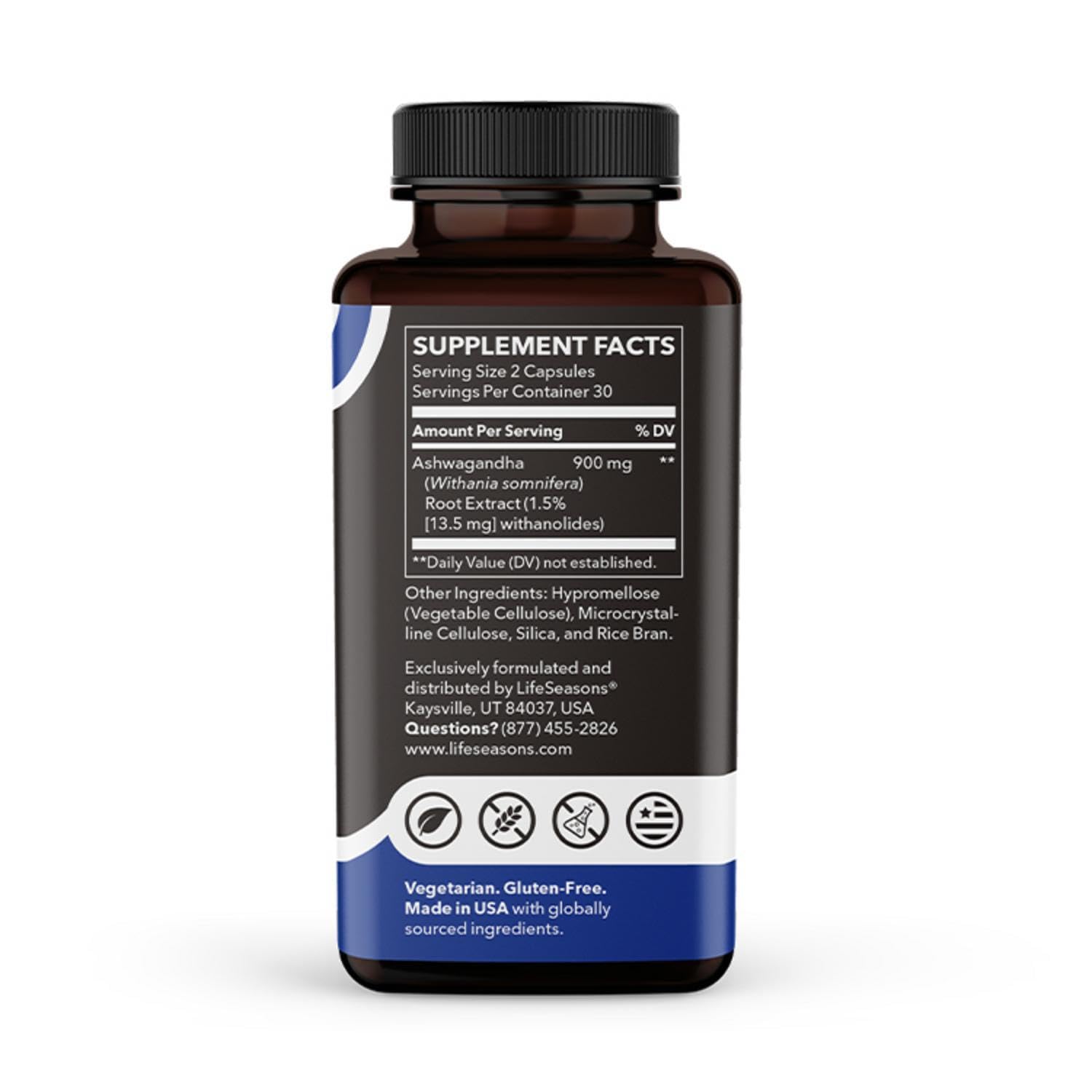 LifeSeasons Ashwagandha supplement bottle side view