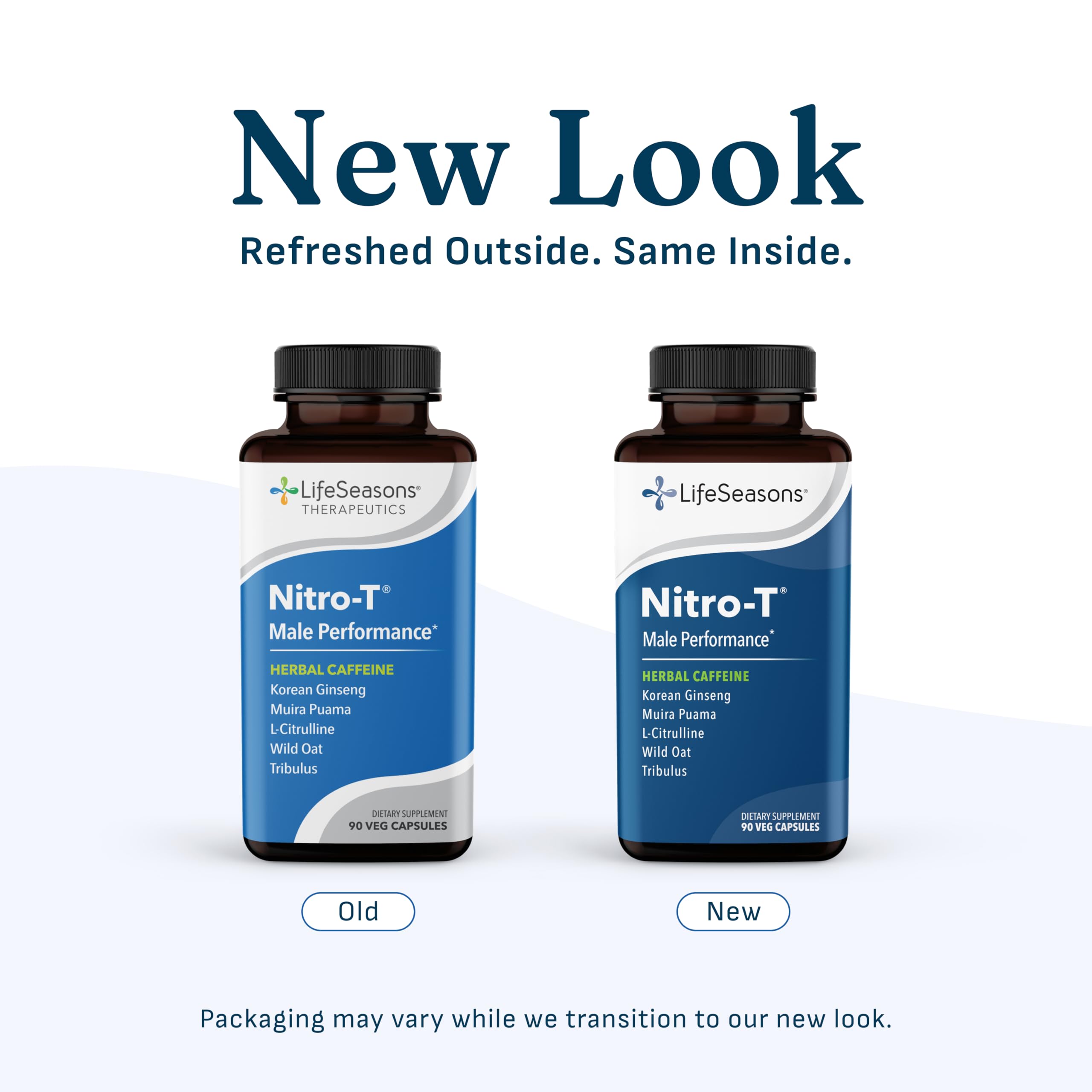 LifeSeasons Nitro-T Men’s Performance Support supplement capsules on a table