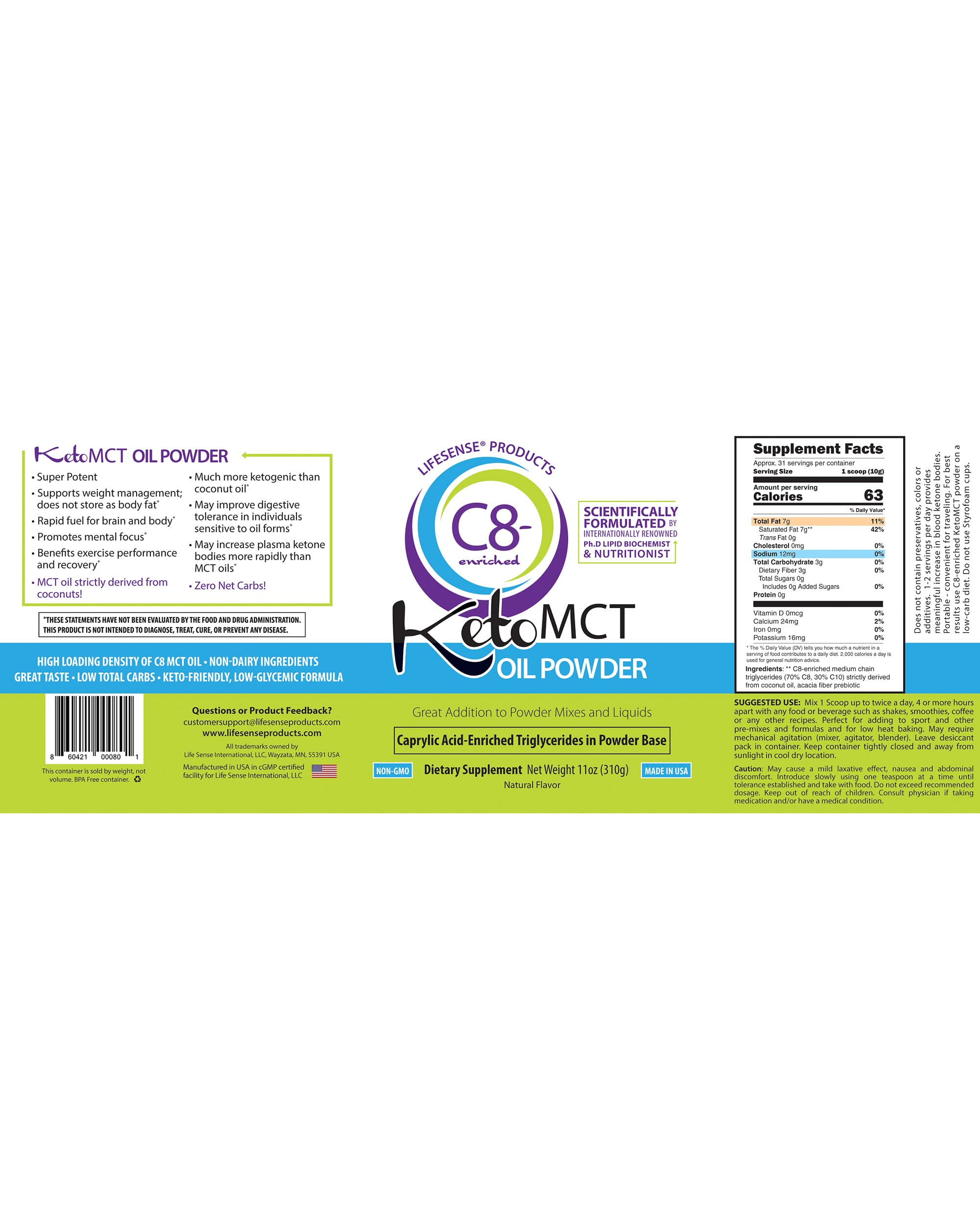 LIFESENSE MCT Oil Powder 372g back view with nutritional information