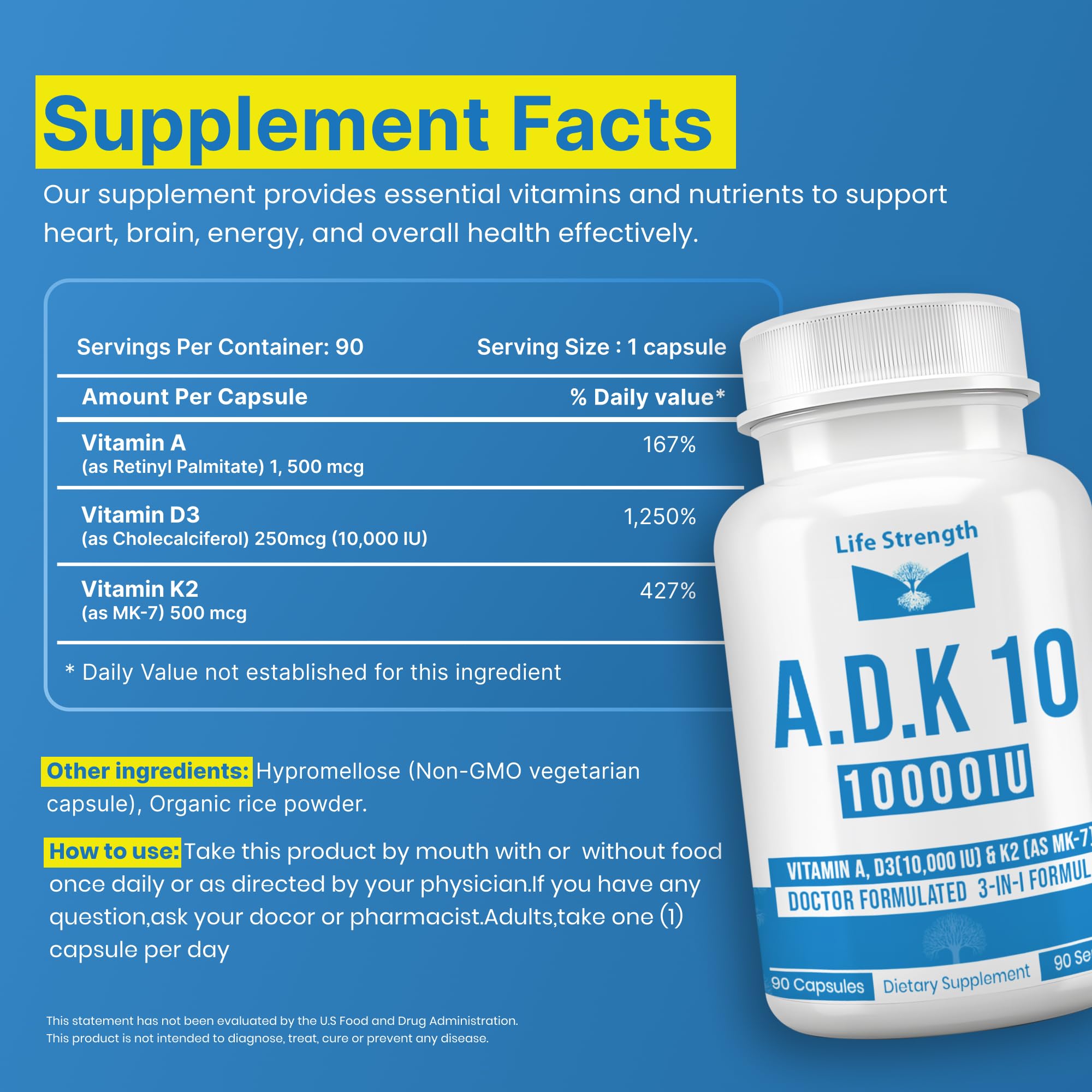 LifeStrength ADK 10 Vitamin Supplement capsules on a wooden surface