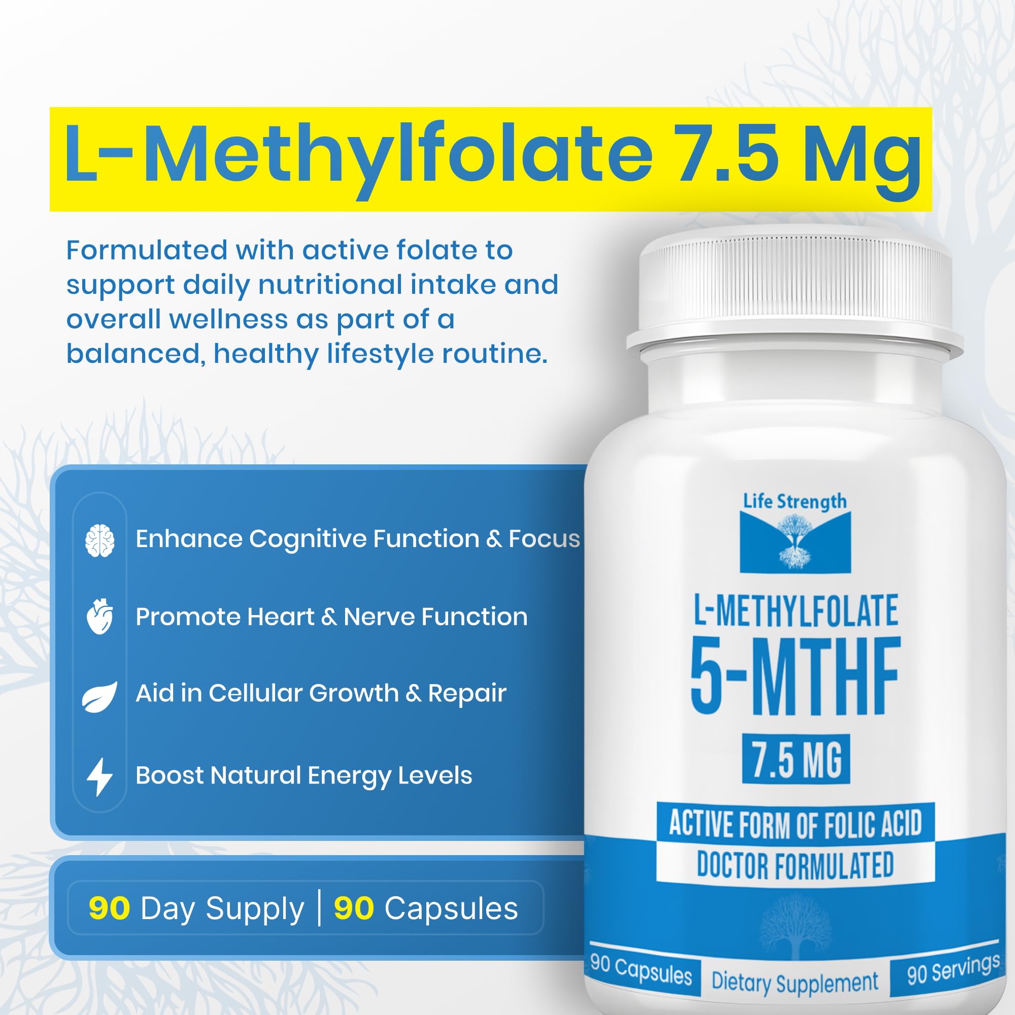 LifeStrength Methylfolate 15mg supplement capsules on a table