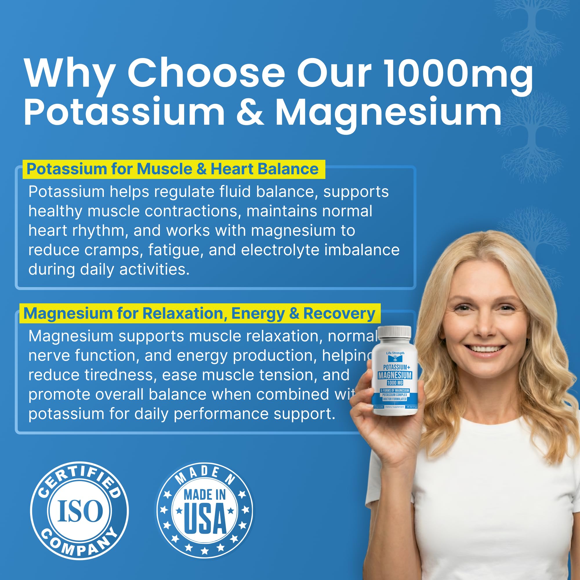 LifeStrength Potassium Magnesium Supplement 1000mg capsules on a table