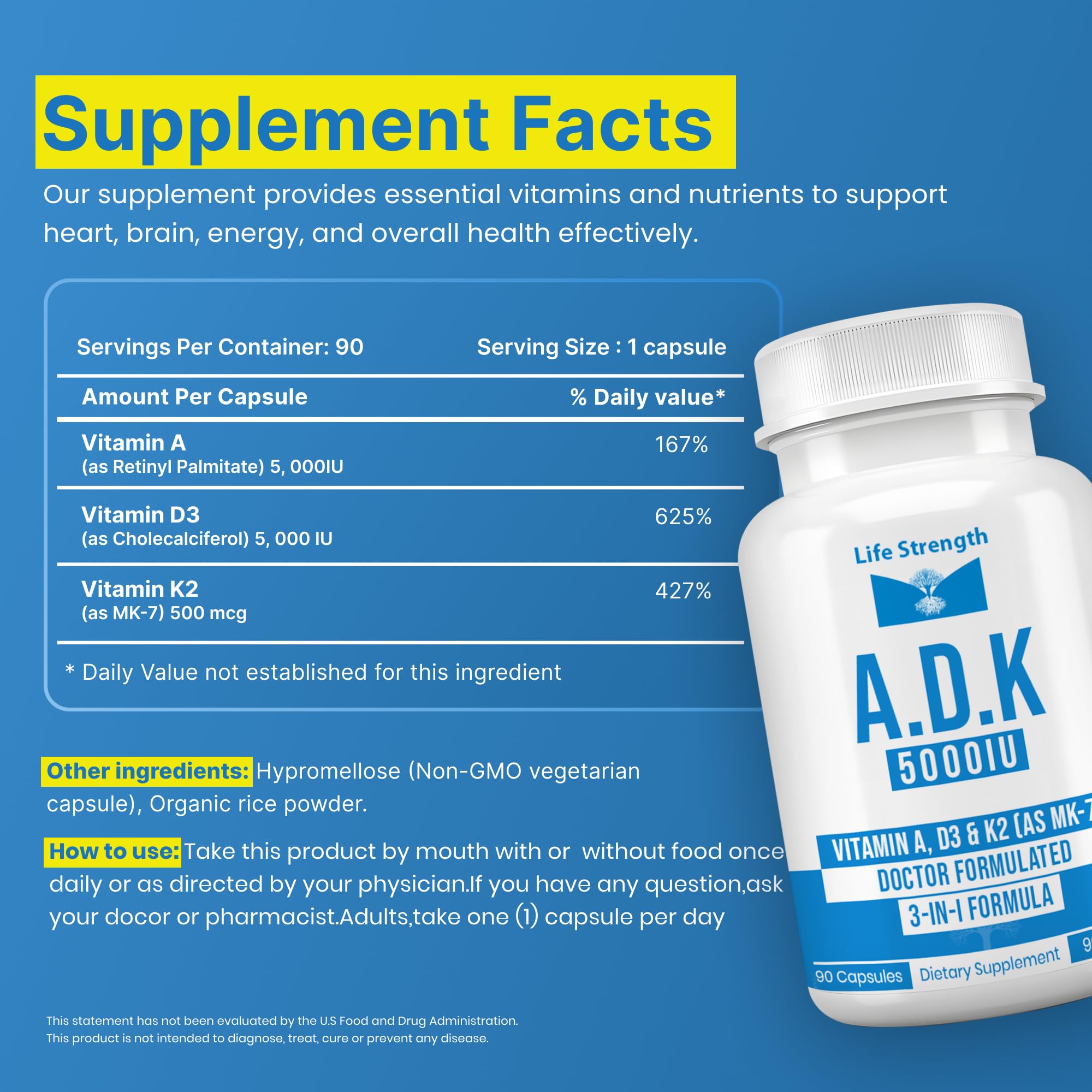 LifeStrength Vitamin ADK Supplement bottle back view with ingredients