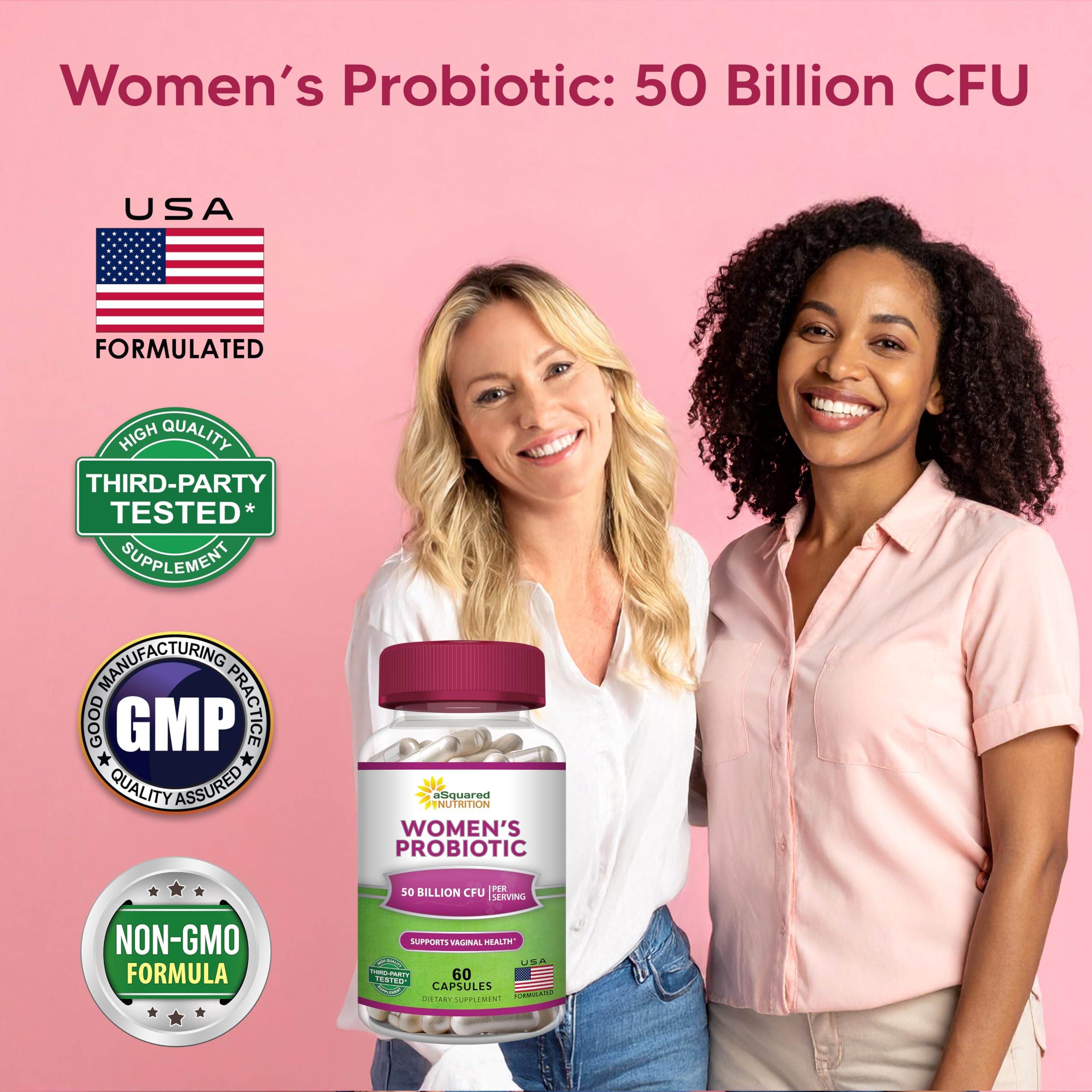 Lifestyle image of aSquared Nutrition Women's Probiotic 50 Billion CFU capsules on a kitchen counter