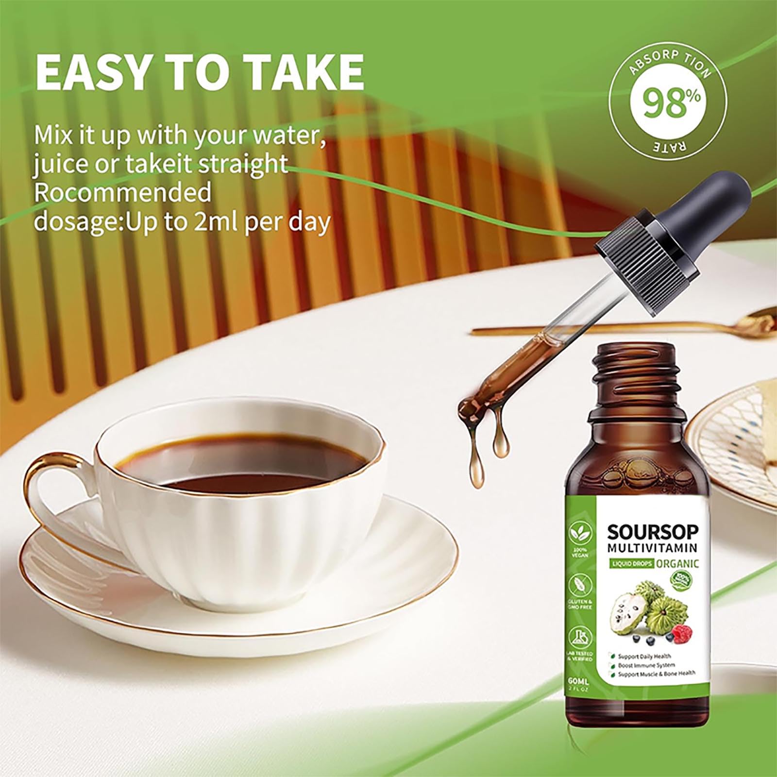 Lifestyle image of bogomo Soursop Graviola Leaf Extract Liquid Drops on a kitchen counter