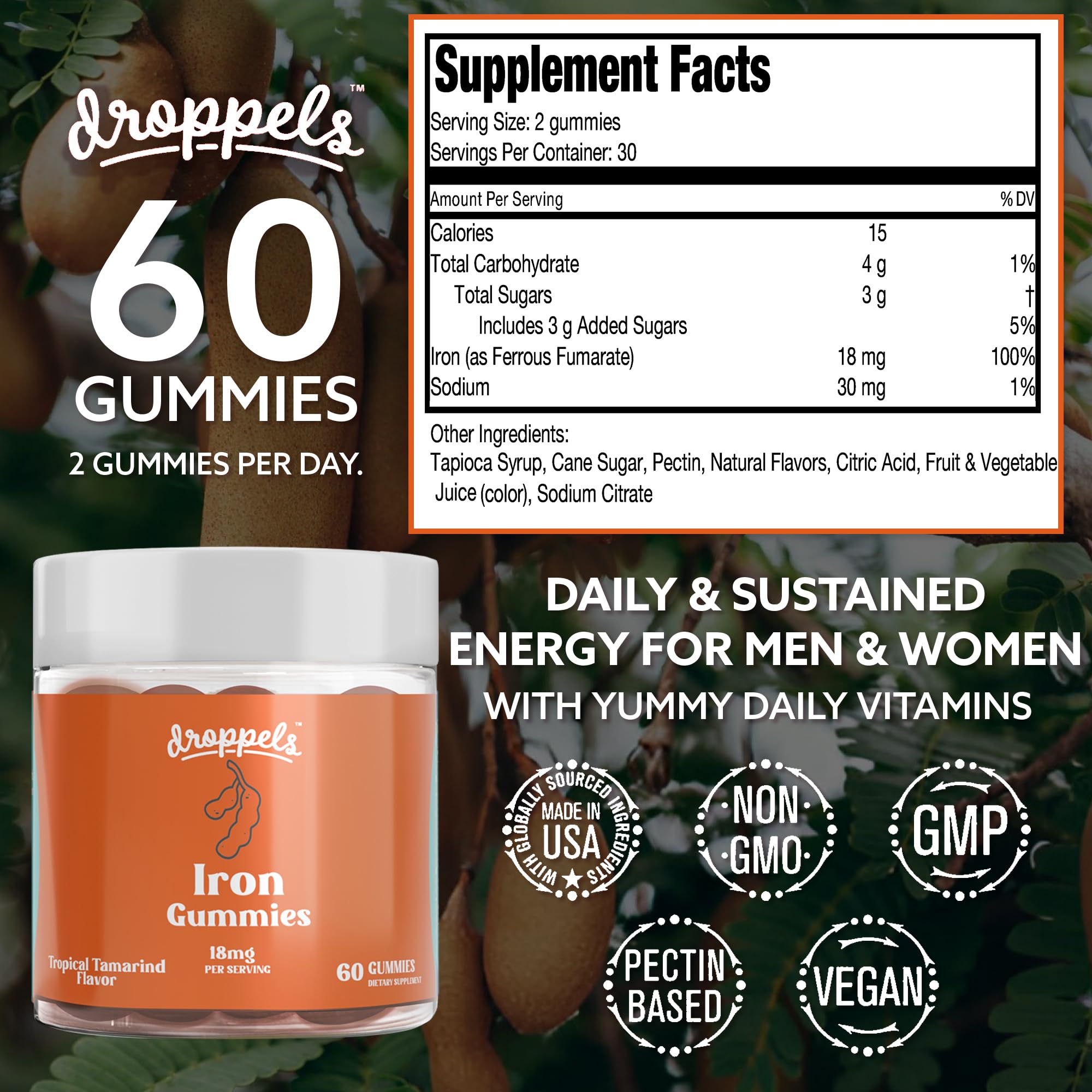 Lifestyle image of Droppels Iron Gummies on a kitchen counter