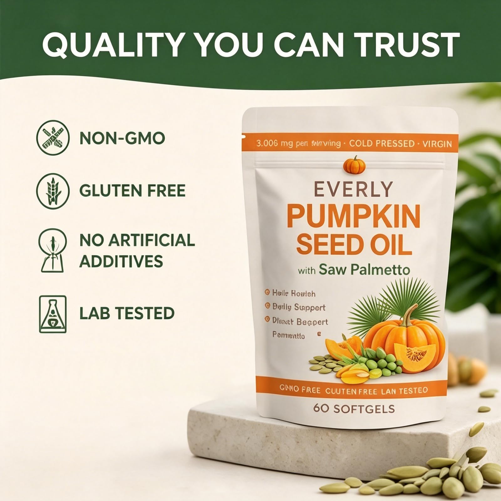 Lifestyle image of Everly Pumpkin Seed Oil Softgels with healthy foods