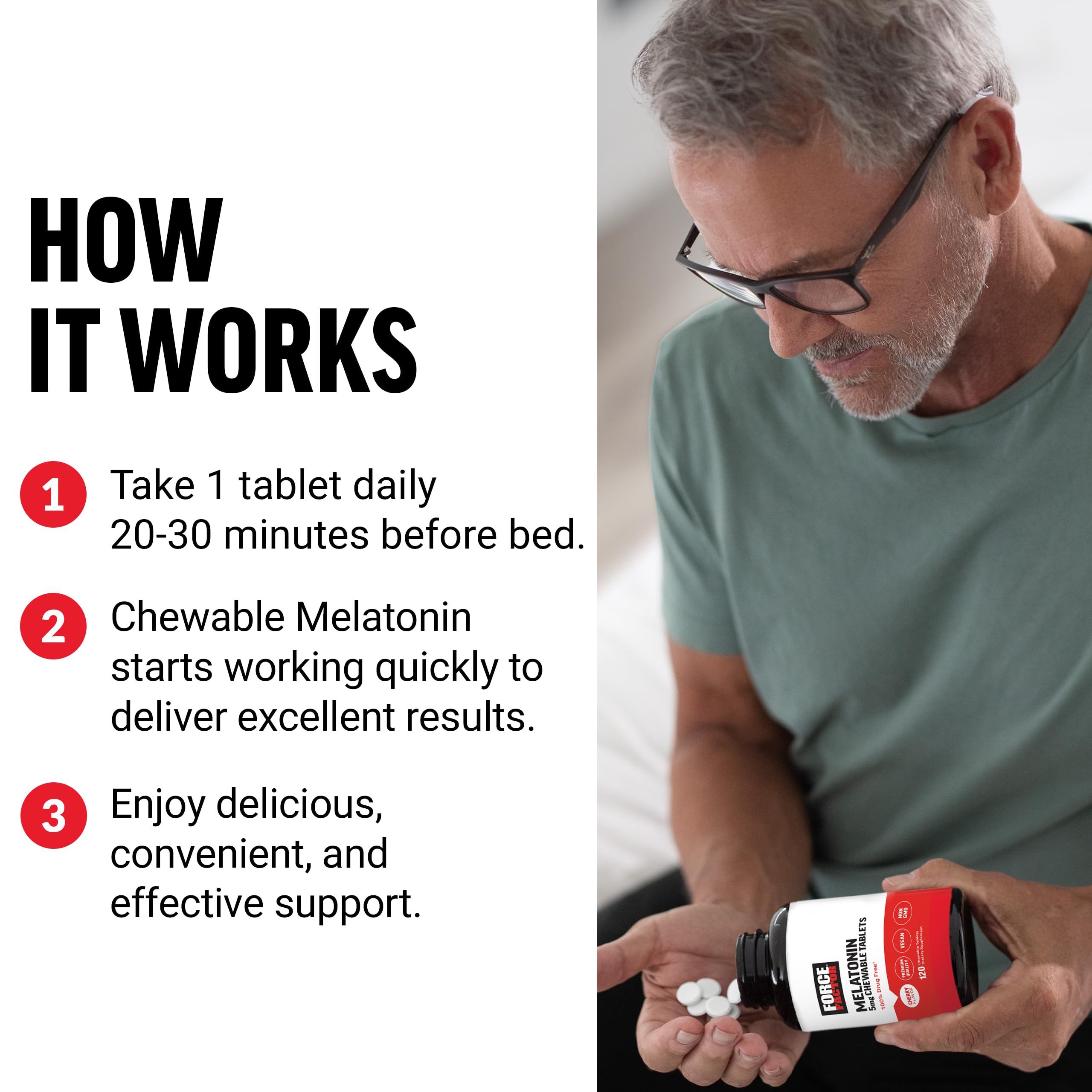 Lifestyle image of Force Factor Chewable Melatonin 5mg on bedside table