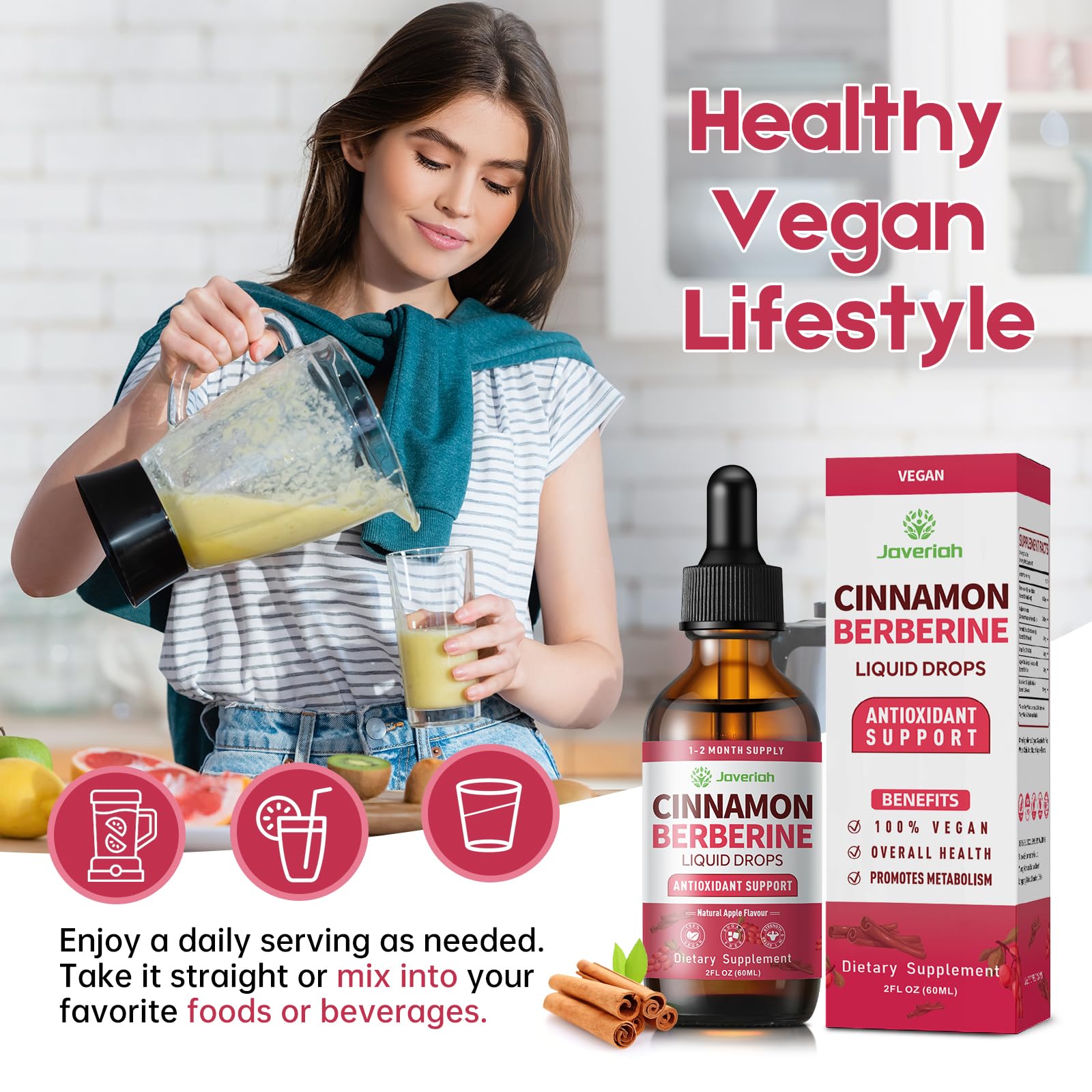 Lifestyle image of Javeriah Berberine with Ceylon Cinnamon drops on kitchen counter
