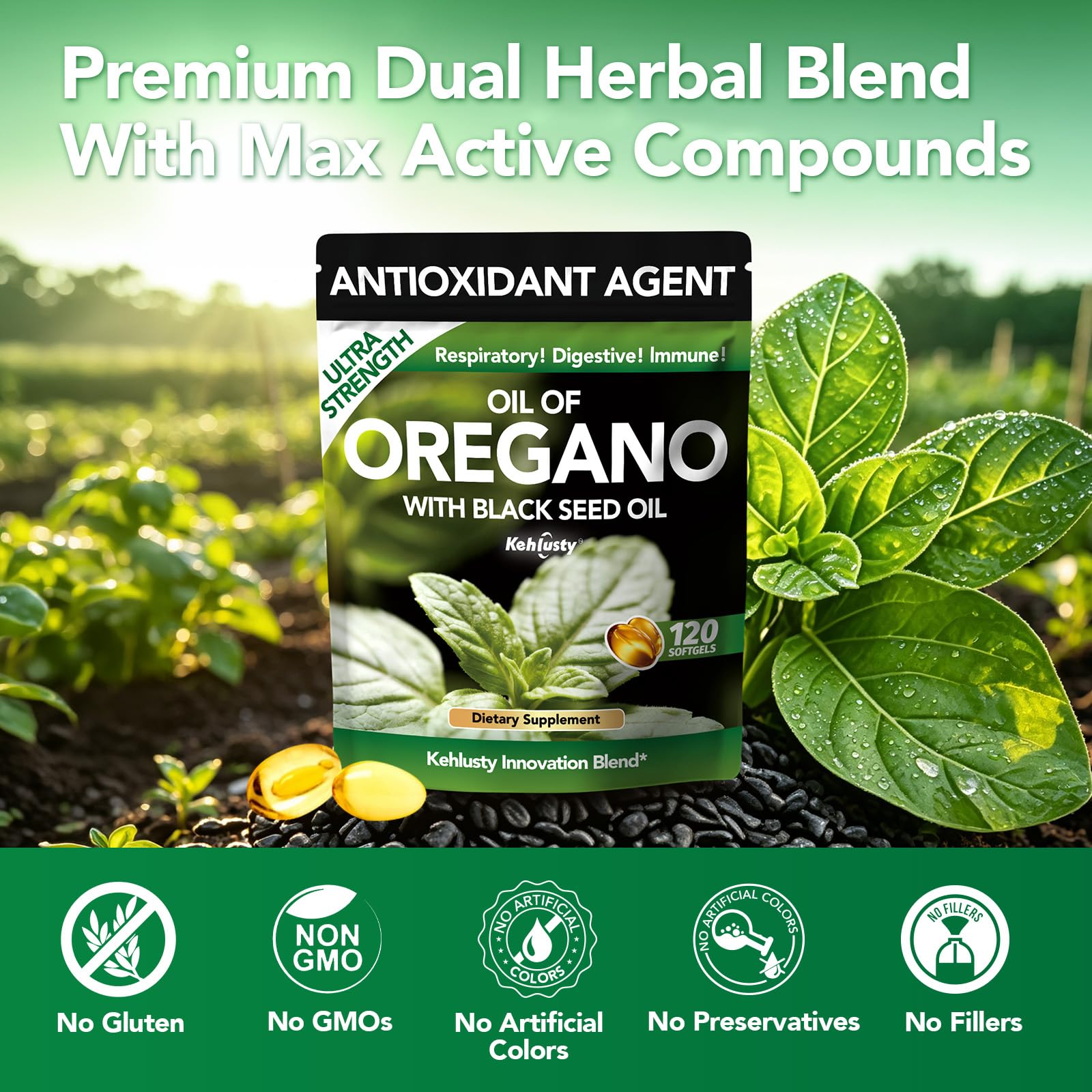 Lifestyle image of KEHLUSTY Oregano Oil & Black Seed Oil Softgels on a kitchen counter