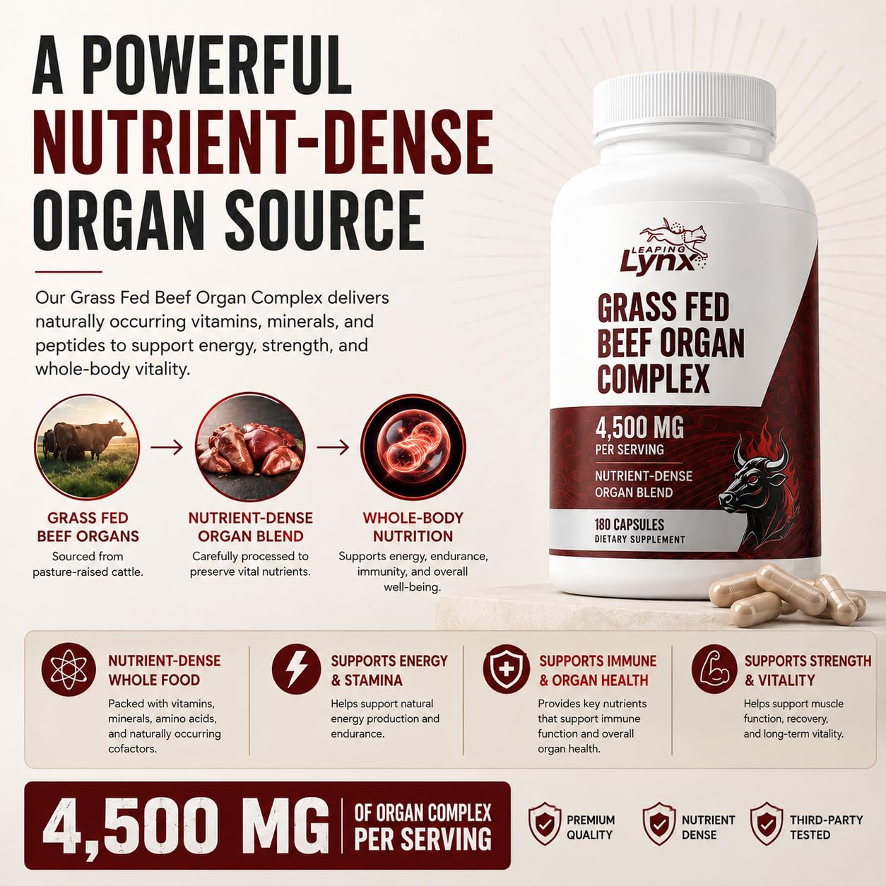 Lifestyle image of Leaping Lynx Beef Liver Capsules on table