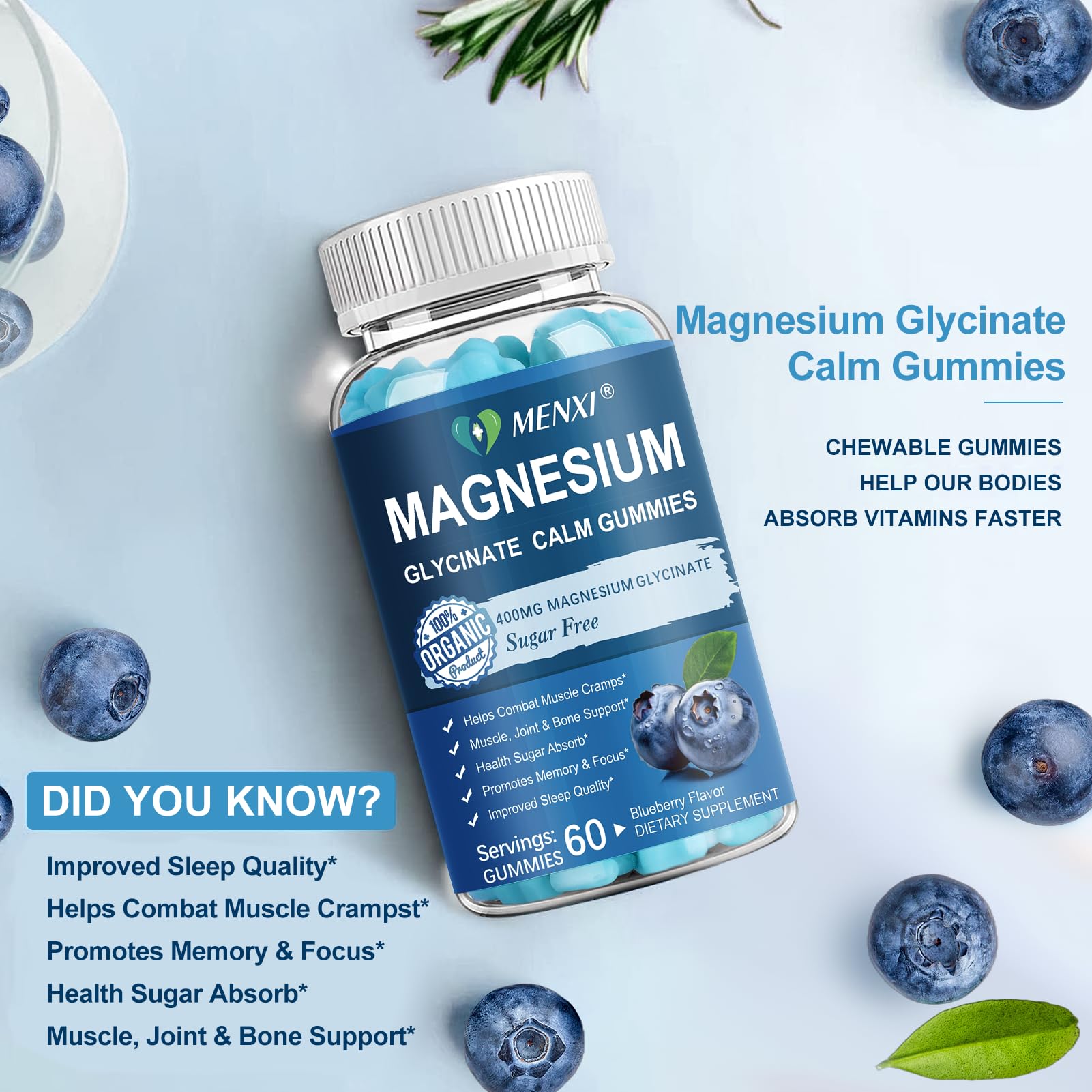 Lifestyle image of MENXI Magnesium Gummies on a table