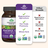 Lifestyle image of ORGANIC INDIA Peaceful Sleep Herbal Supplement on a wooden table