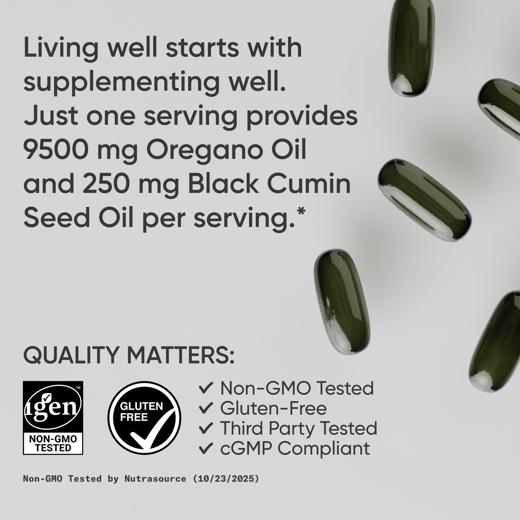 Lifestyle image of Sports Research Oregano Oil & Black Cumin Seed Oil Softgels on a kitchen counter