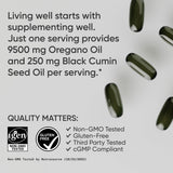 Lifestyle image of Sports Research Oregano Oil & Black Cumin Seed Oil Softgels on a kitchen counter