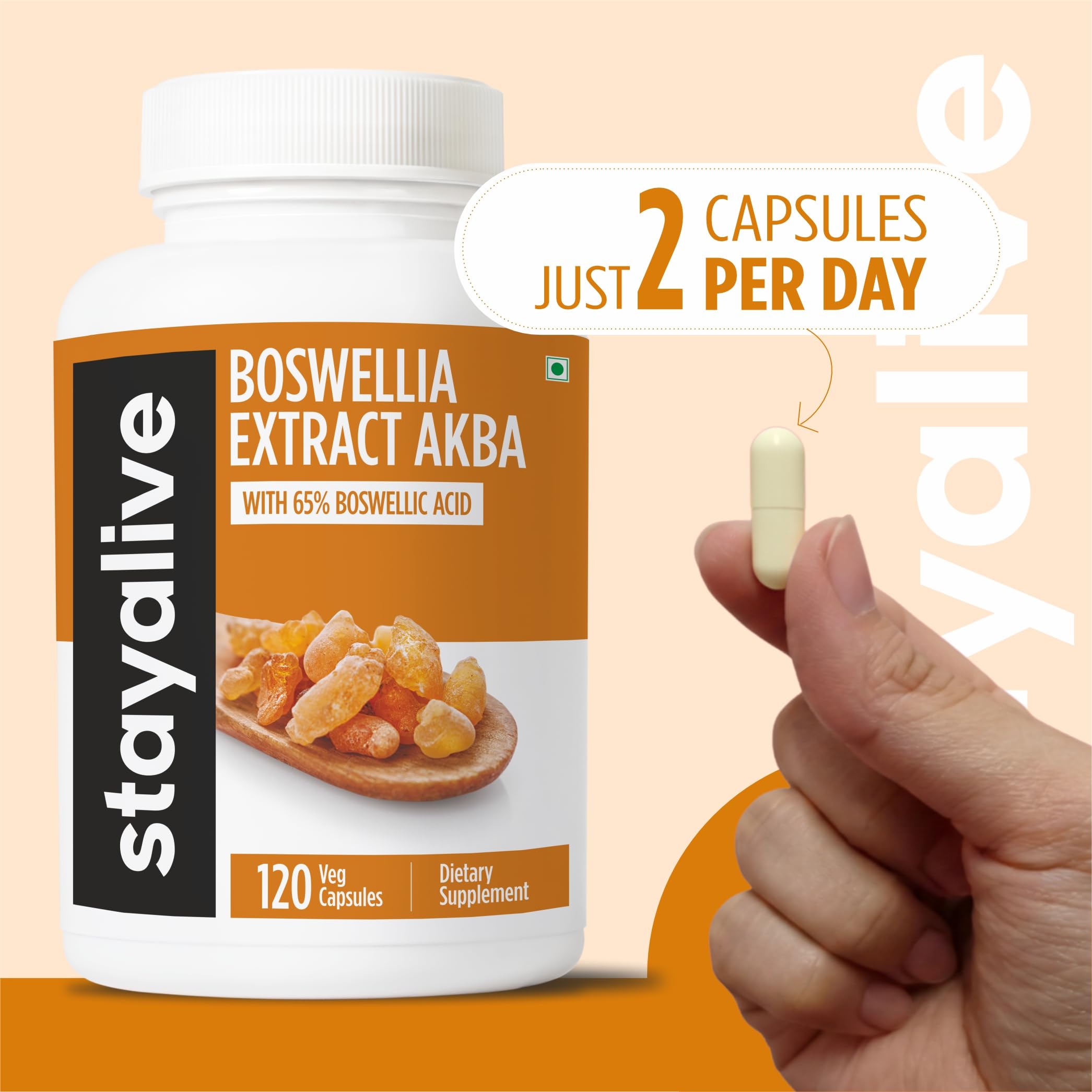Lifestyle image of STAY ALIVE Boswellia Serrata Capsules on a table