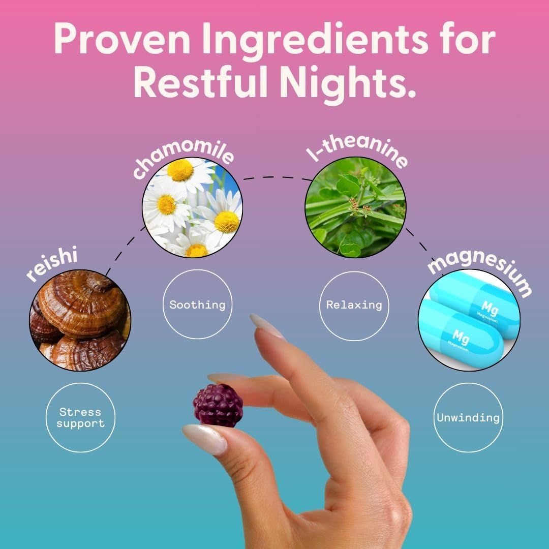 Lifestyle image of SuperMush Daily Sleeping Gummies on a bedside table