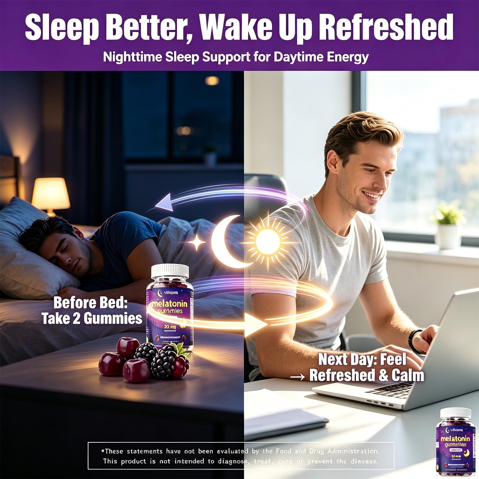 Lifestyle image of Verdigoris Melatonin Gummies with a bedtime setting