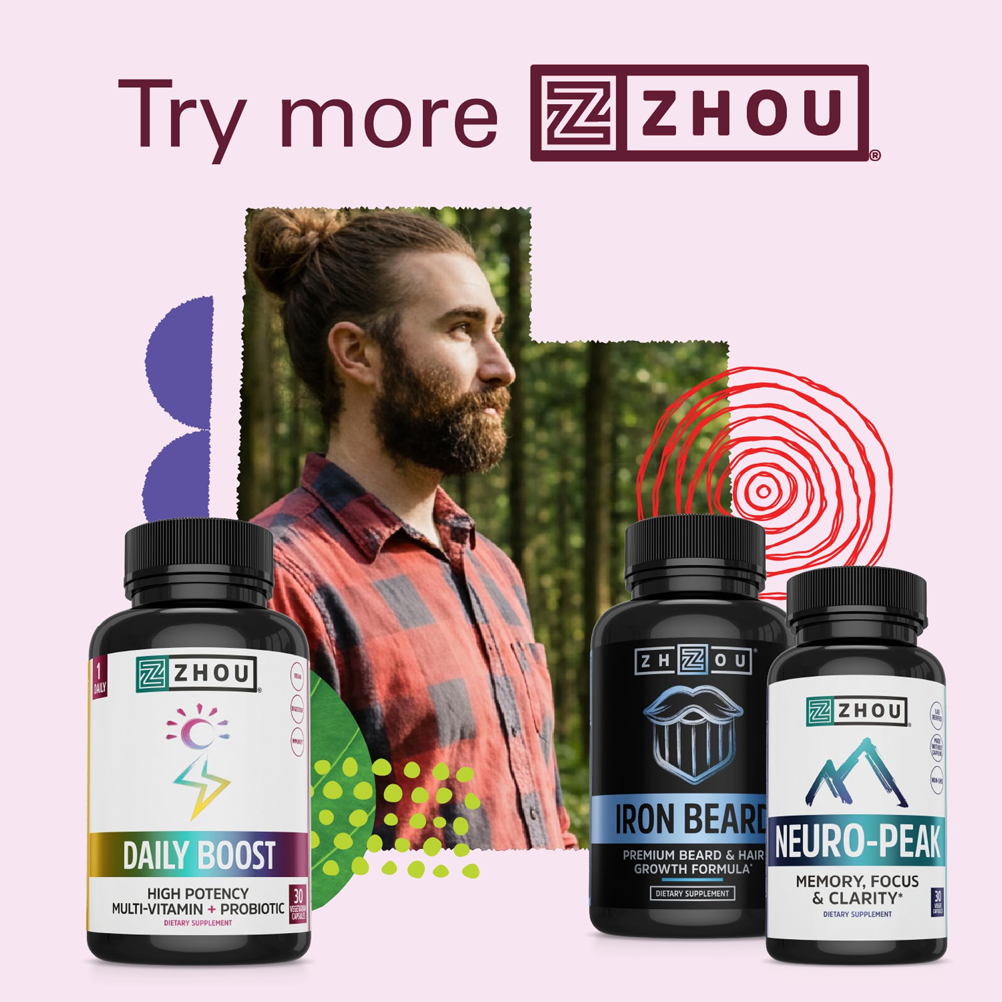 Lifestyle image of ZHOU Iron Beard supplement next to grooming tools
