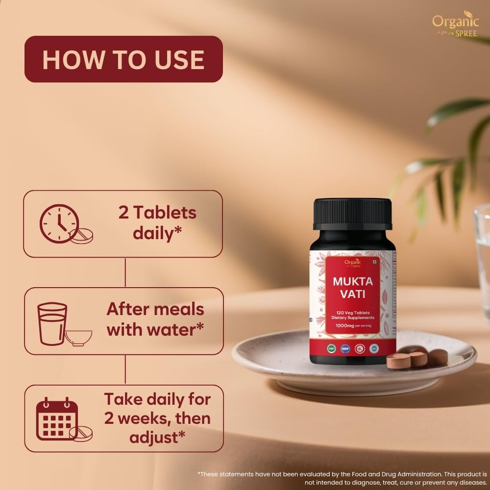 Lifestyle scene featuring ORGANIC SPREE Mukta Vati Tablets on a wooden table