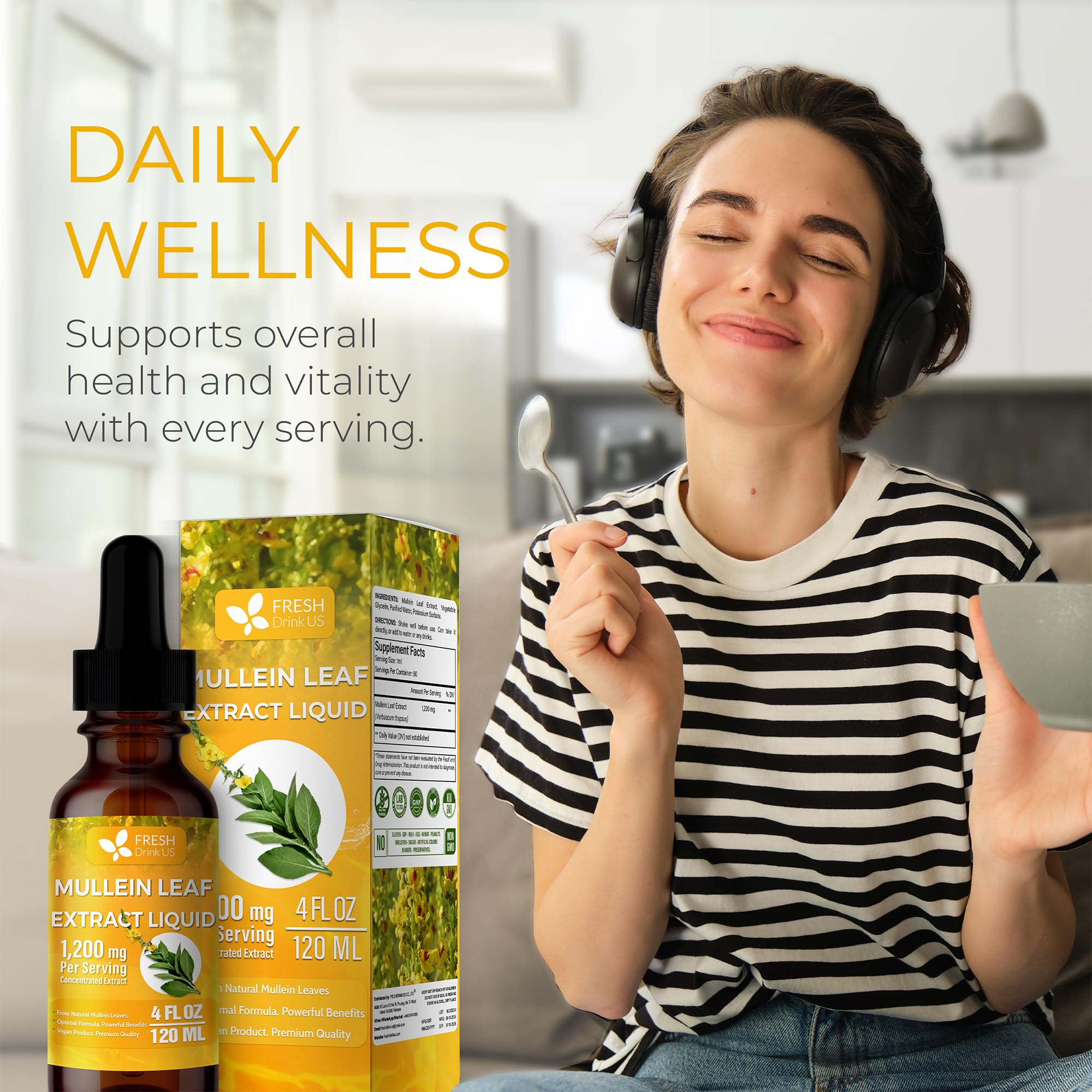 Lifestyle scene of FRESHDRINKUS Mullein Extract Liquid on a table with herbs