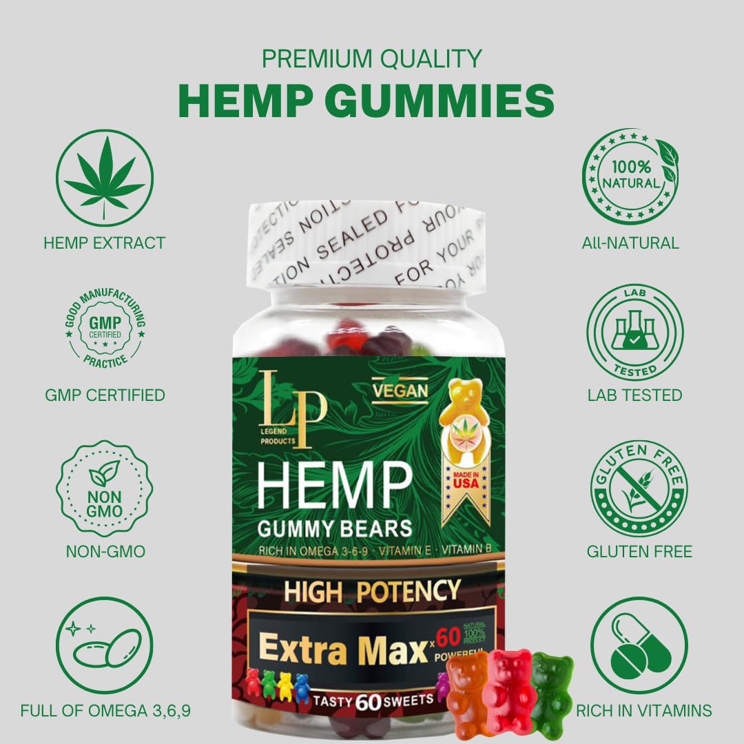 Lifestyle scene of Legend Products Hemp Gummies on a wooden table