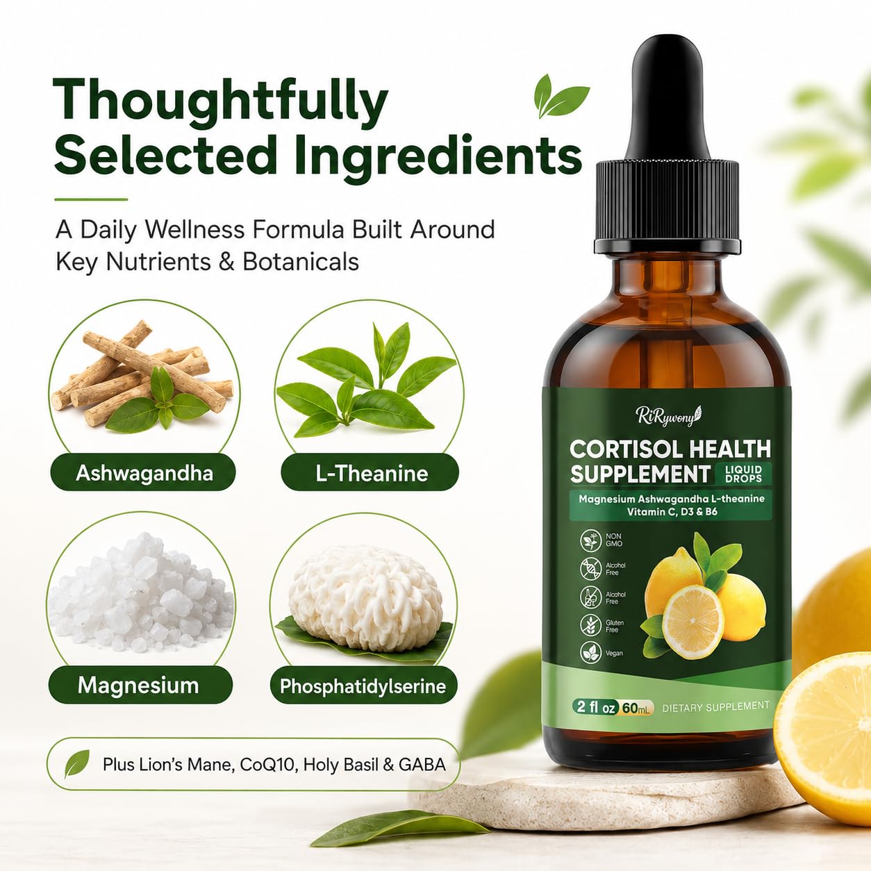Lifestyle scene of RiRywony Cortisol Supplements on a table