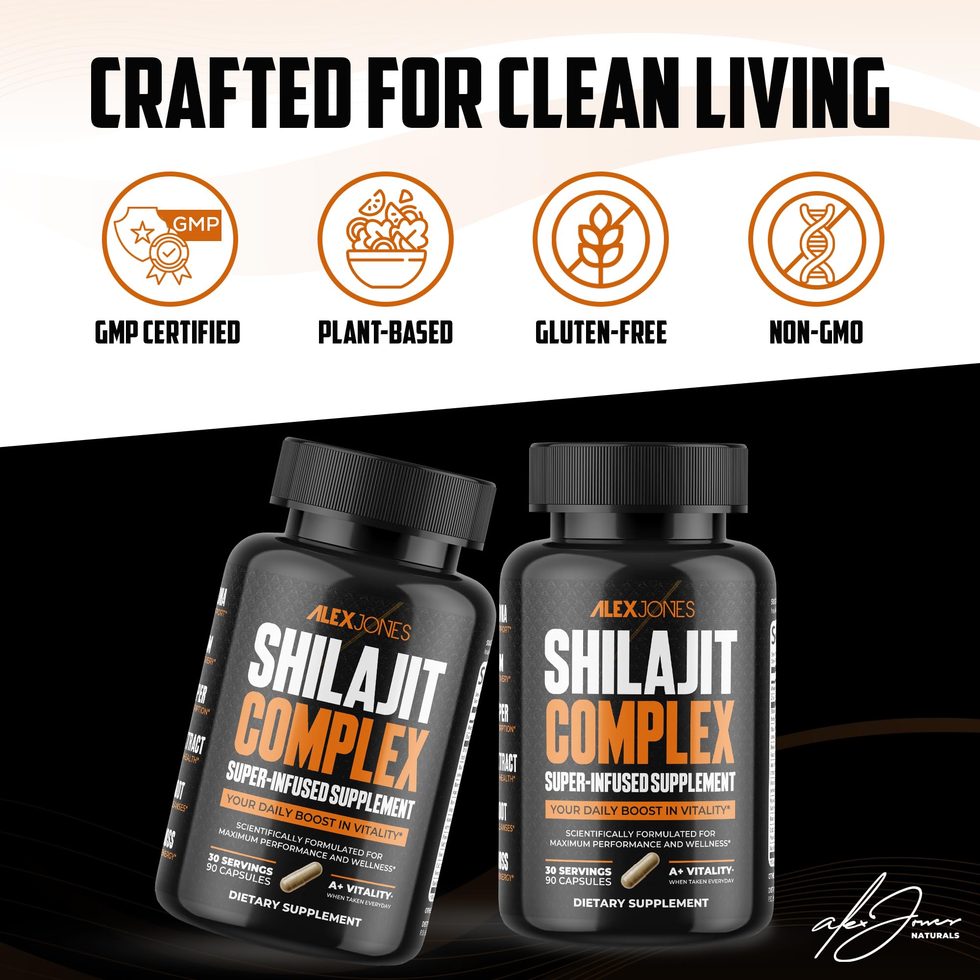 Lifestyle scene with Alex Jones Naturals Shilajit Capsules on a kitchen counter