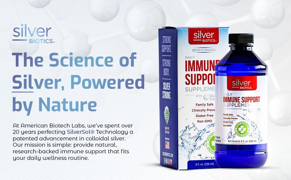 Lifestyle scene with American Biotech Labs Silver Biotics daily wellness Support bottle