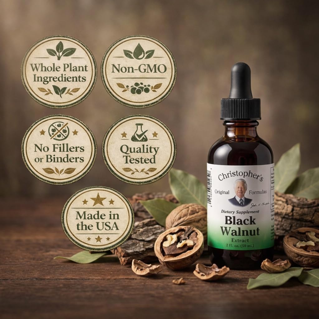 Lifestyle scene with Christopher's Black Walnut Extract 2 oz on a kitchen counter