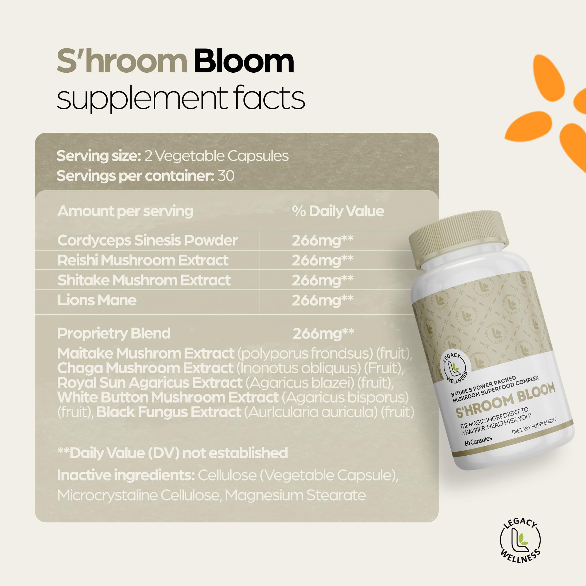 Lifestyle scene with LegacyNutra S'HROOM BLOOM supplement