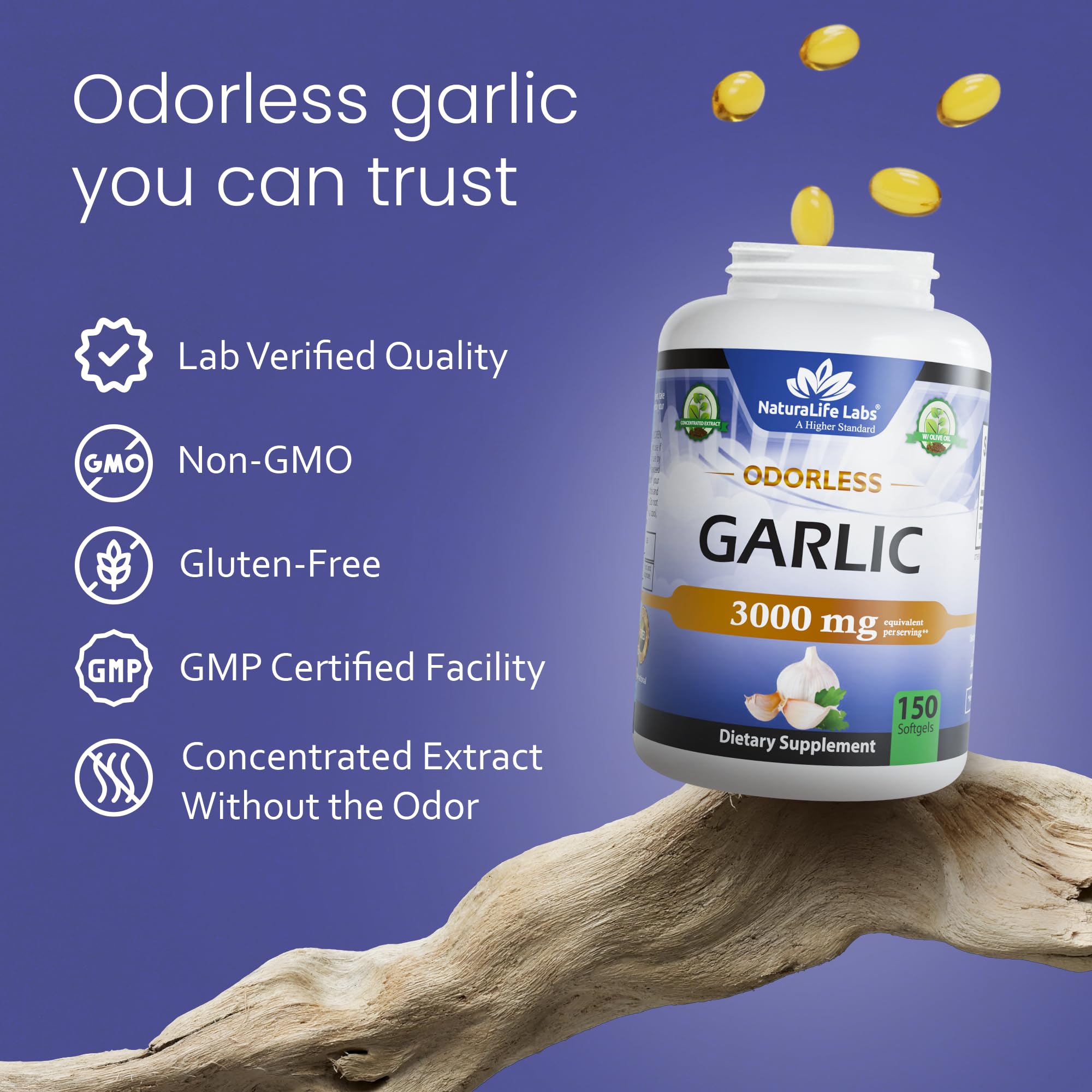 Lifestyle scene with NaturaLife Labs Odorless Garlic Softgels on kitchen counter