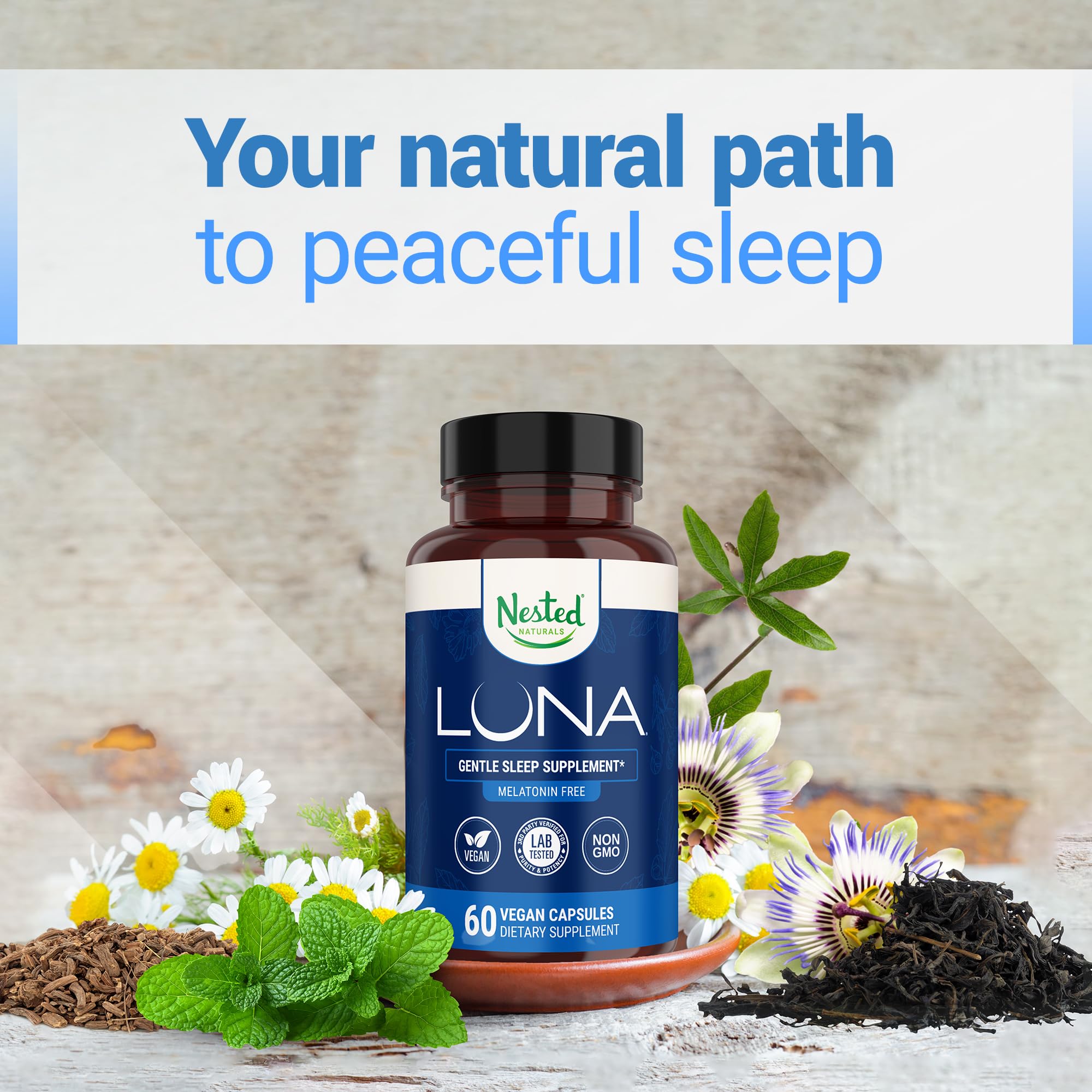Lifestyle scene with Nested Naturals Luna Melatonin-Free Sleep Aid