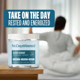 Lifestyle scene with No Days Wasted Magnesium Supplement on a bedside table