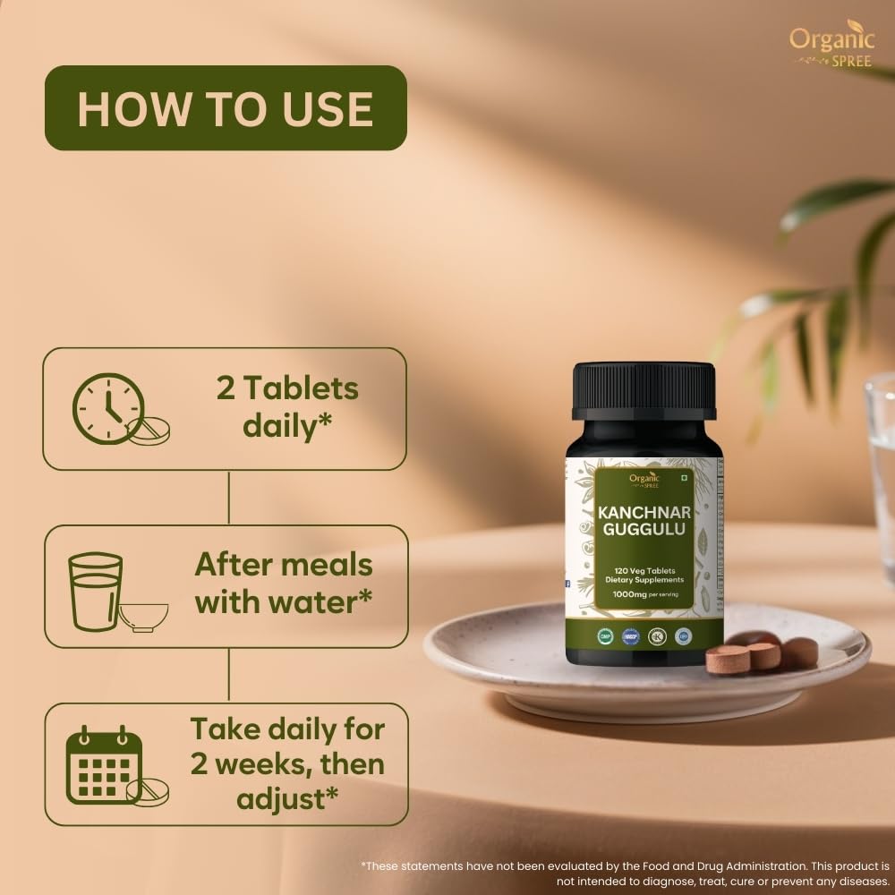 Lifestyle scene with ORGANIC SPREE Kanchnar Guggulu Tablets on a kitchen counter