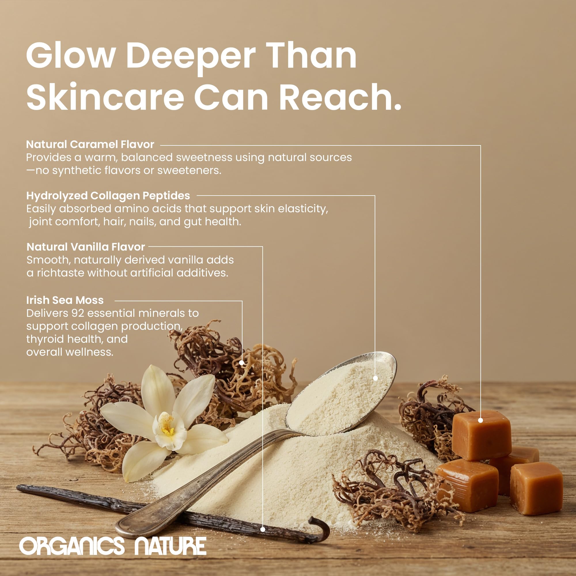 Lifestyle scene with ORGANICS NATURE Vanilla Caramel Collagen in use