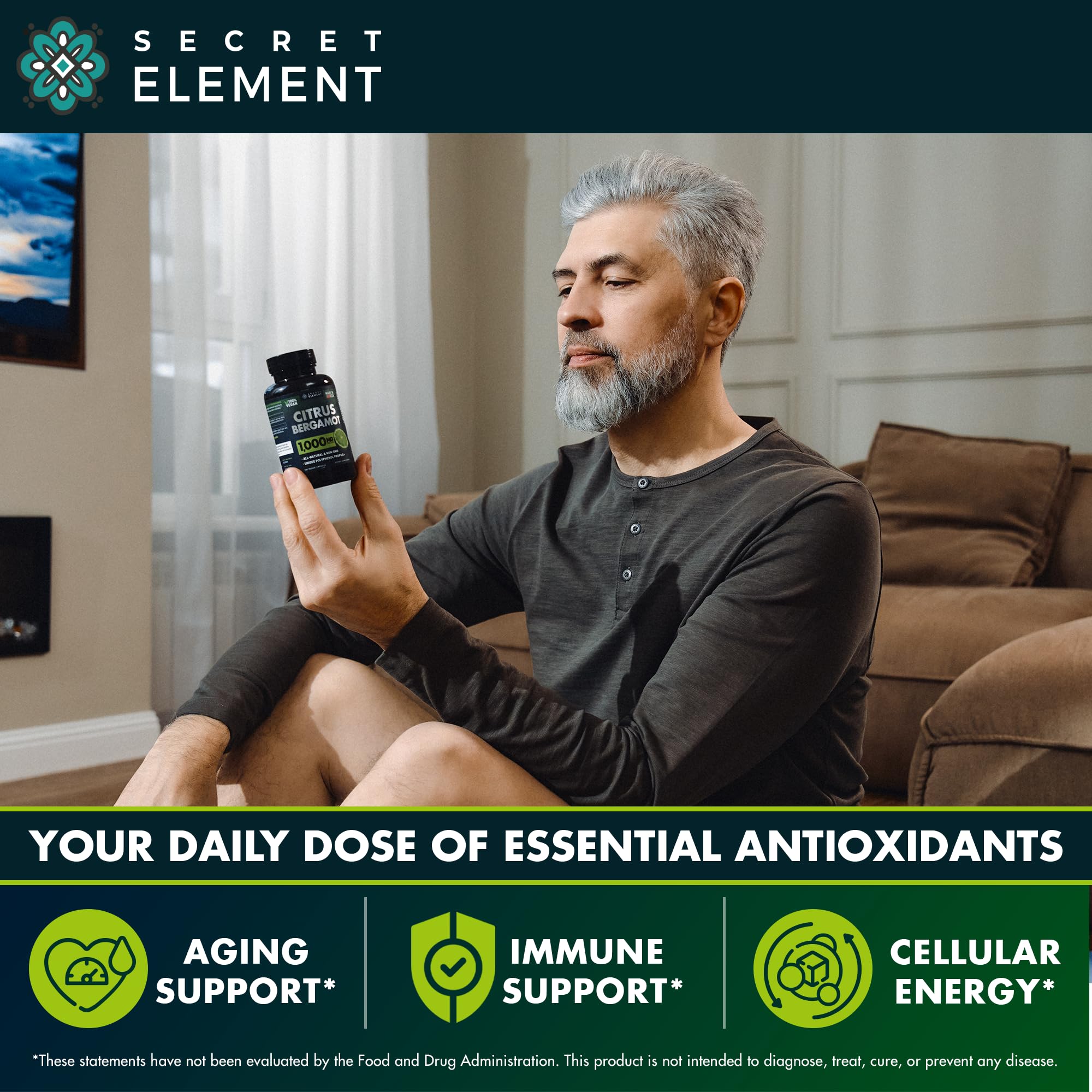 Lifestyle scene with Secret Element Citrus Bergamot Capsules on a kitchen counter