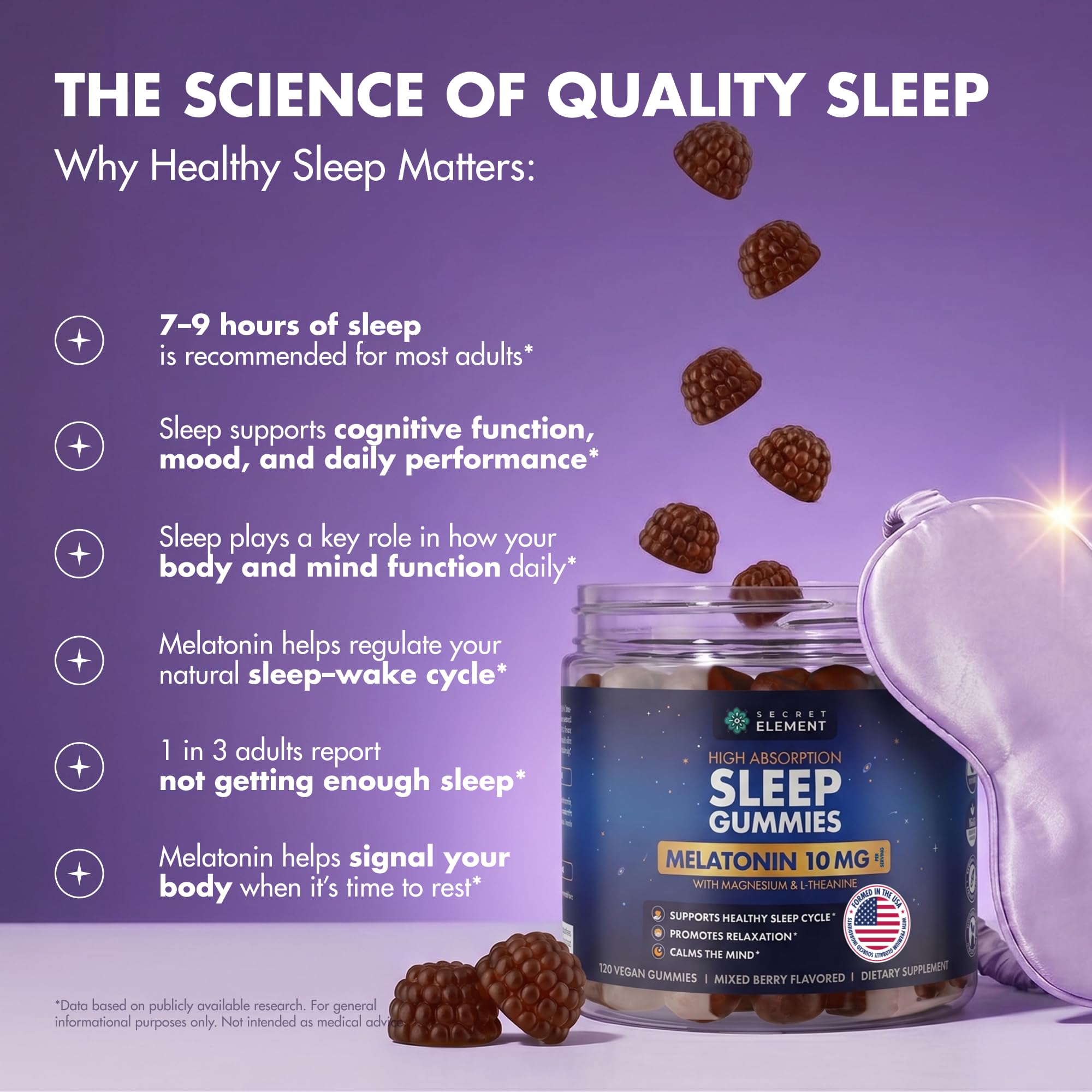 Lifestyle scene with Secret Element Mixed Berry Gummies on a bedside table