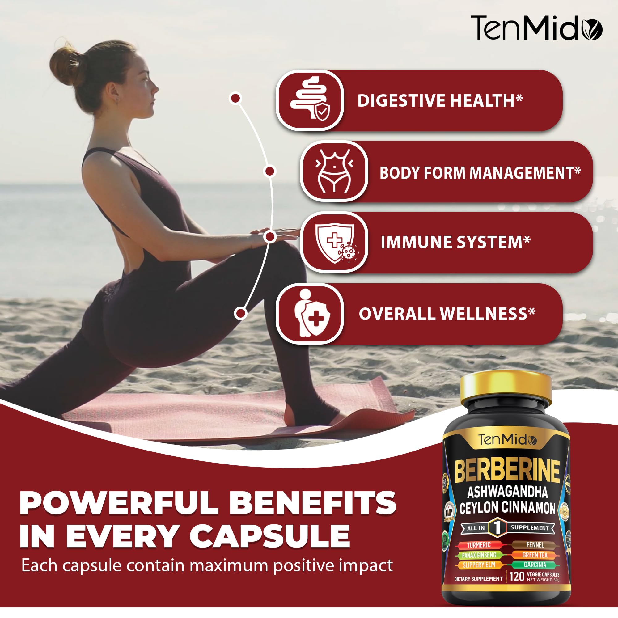 Lifestyle scene with Tenmido Berberine Supplement on a kitchen counter