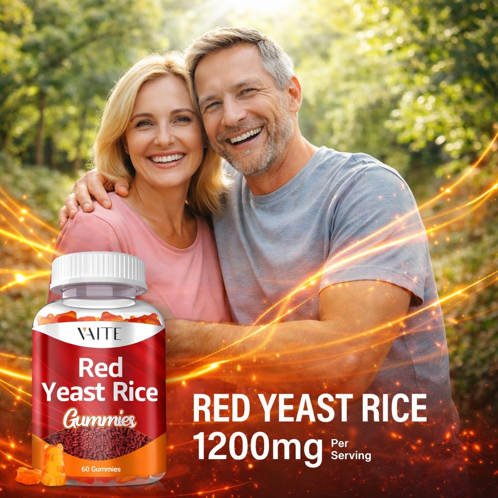 Lifestyle scene with VAITE Red Yeast Rice Gummies on a kitchen counter