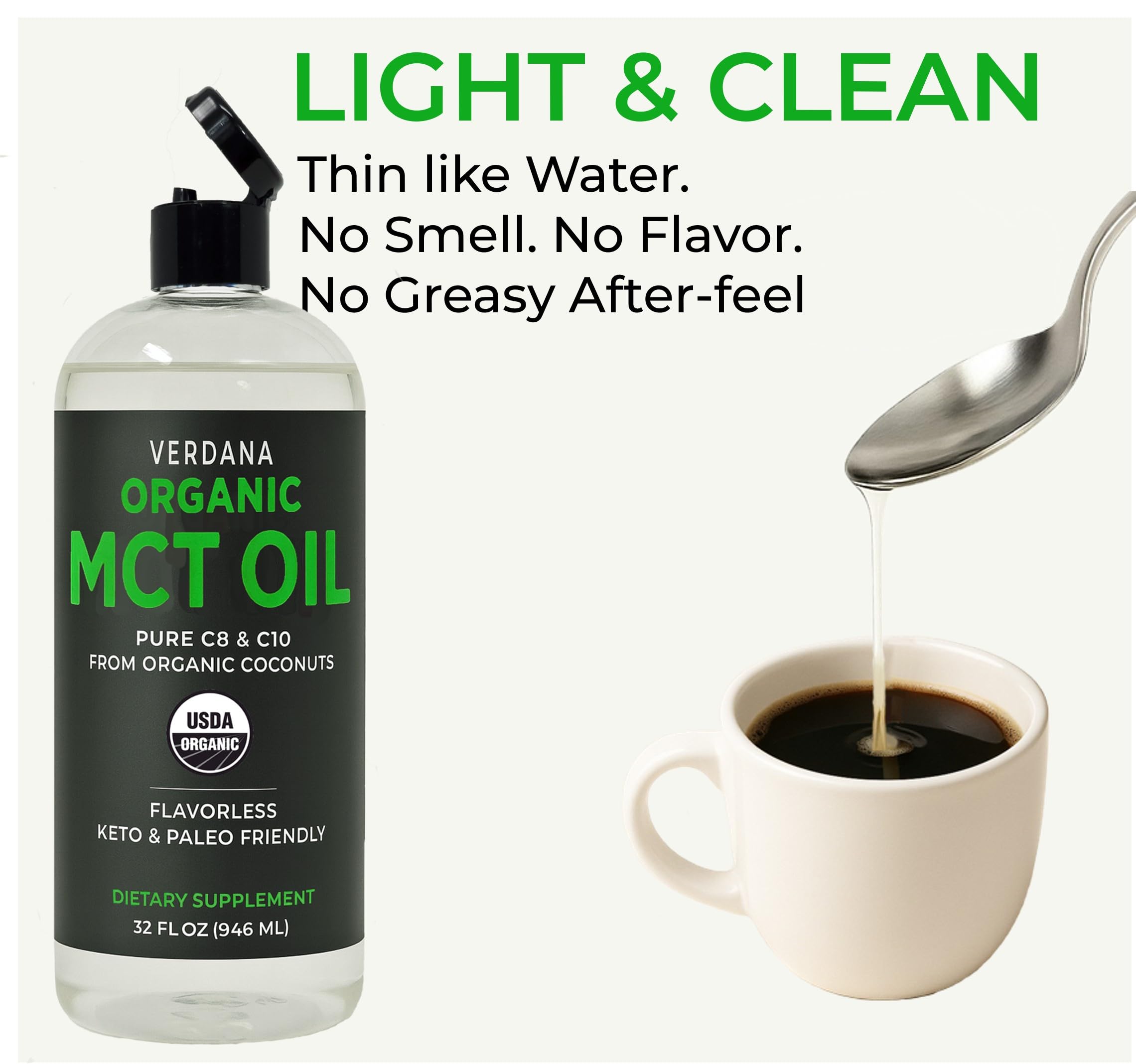 Lifestyle scene with Verdana MCT Oil next to coffee and smoothie