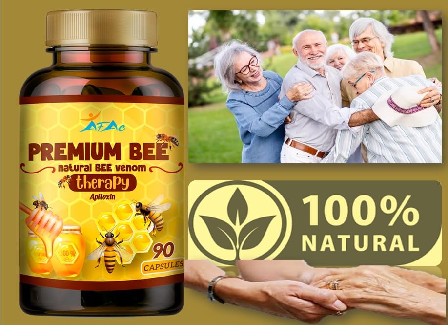 Lifestyle scene with VITAMISAN Premium Bee Venom capsules on a wooden table