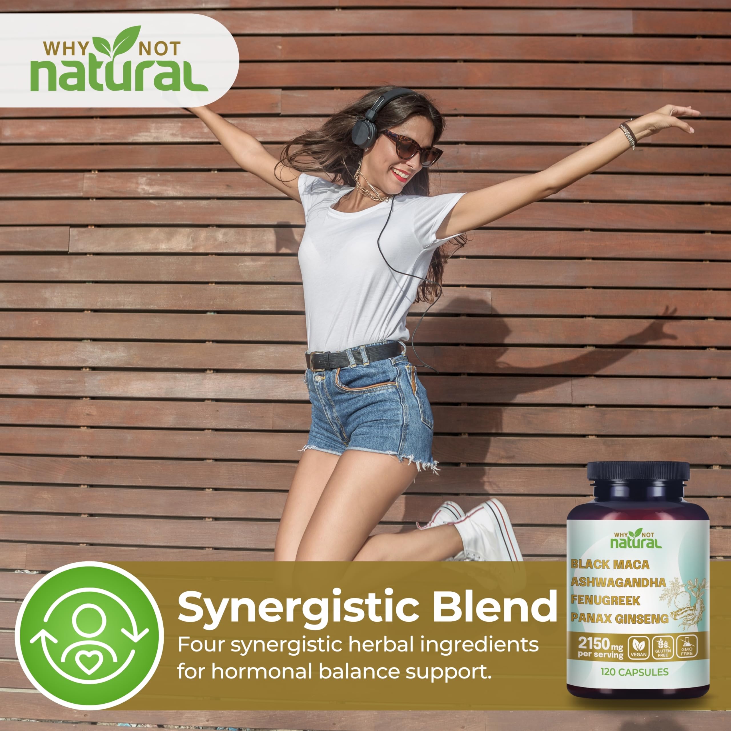 Lifestyle scene with Why Not Natural Organic Black Maca Root Ashwagandha Capsules