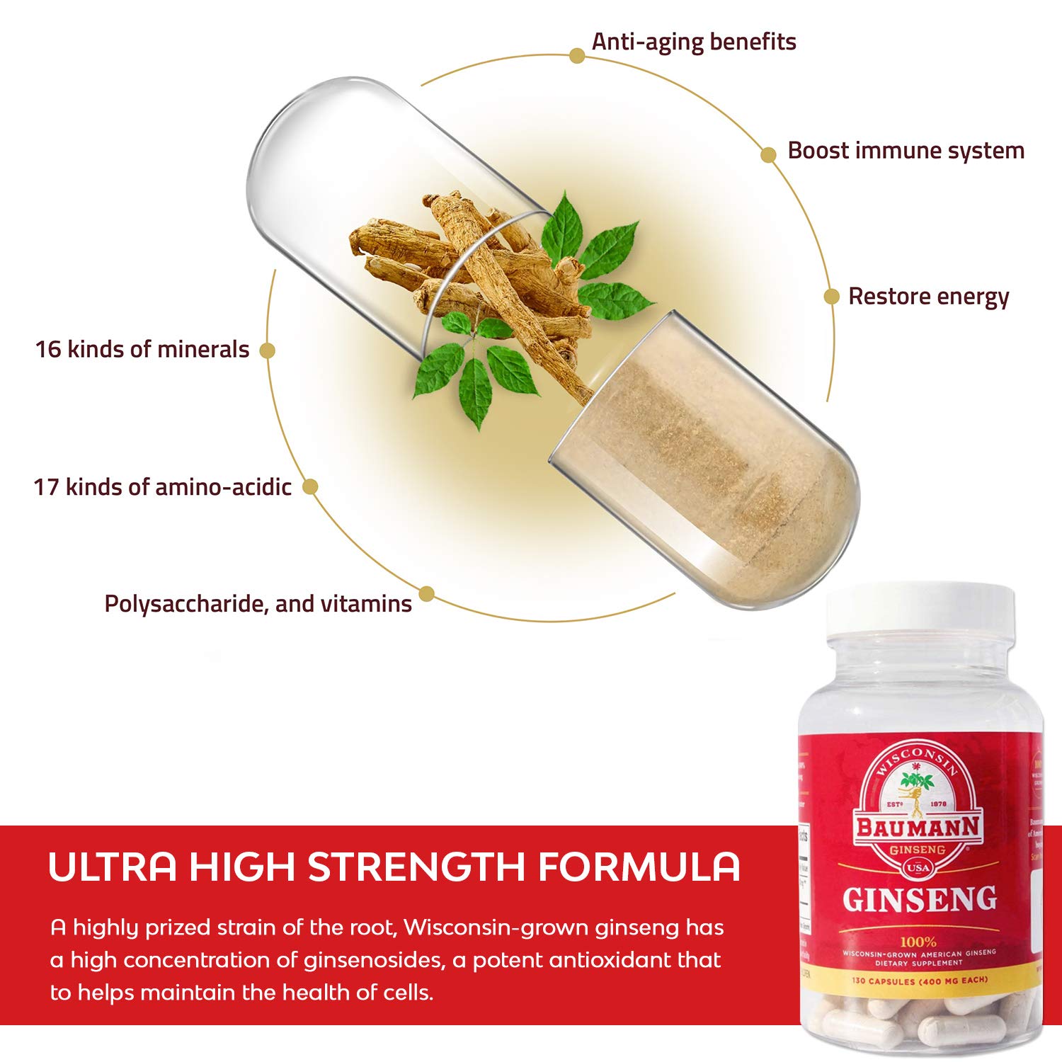 Lifestyle scene with WISCONSIN ESTD 1978 BAUMANN GINSENG USA Ginseng Capsules