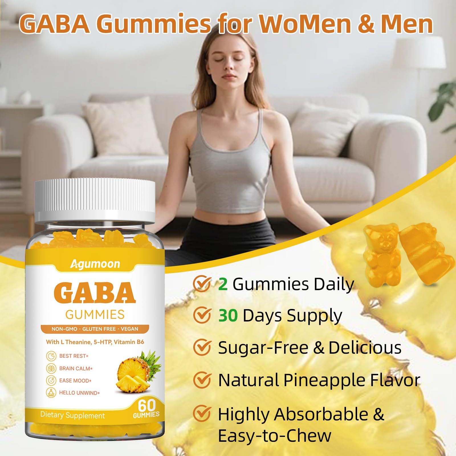 Lifestyle shot of Agumoon GABA Gummies on a desk