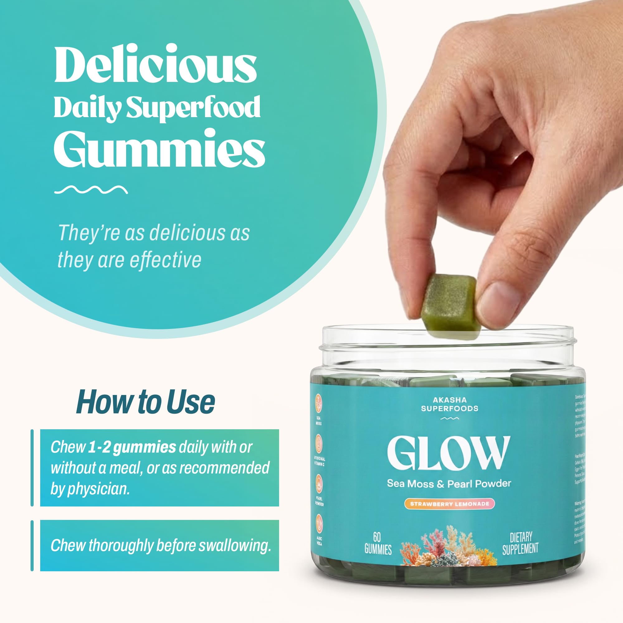 Lifestyle shot of Akasha Superfoods Sea Moss Gummies on a kitchen counter