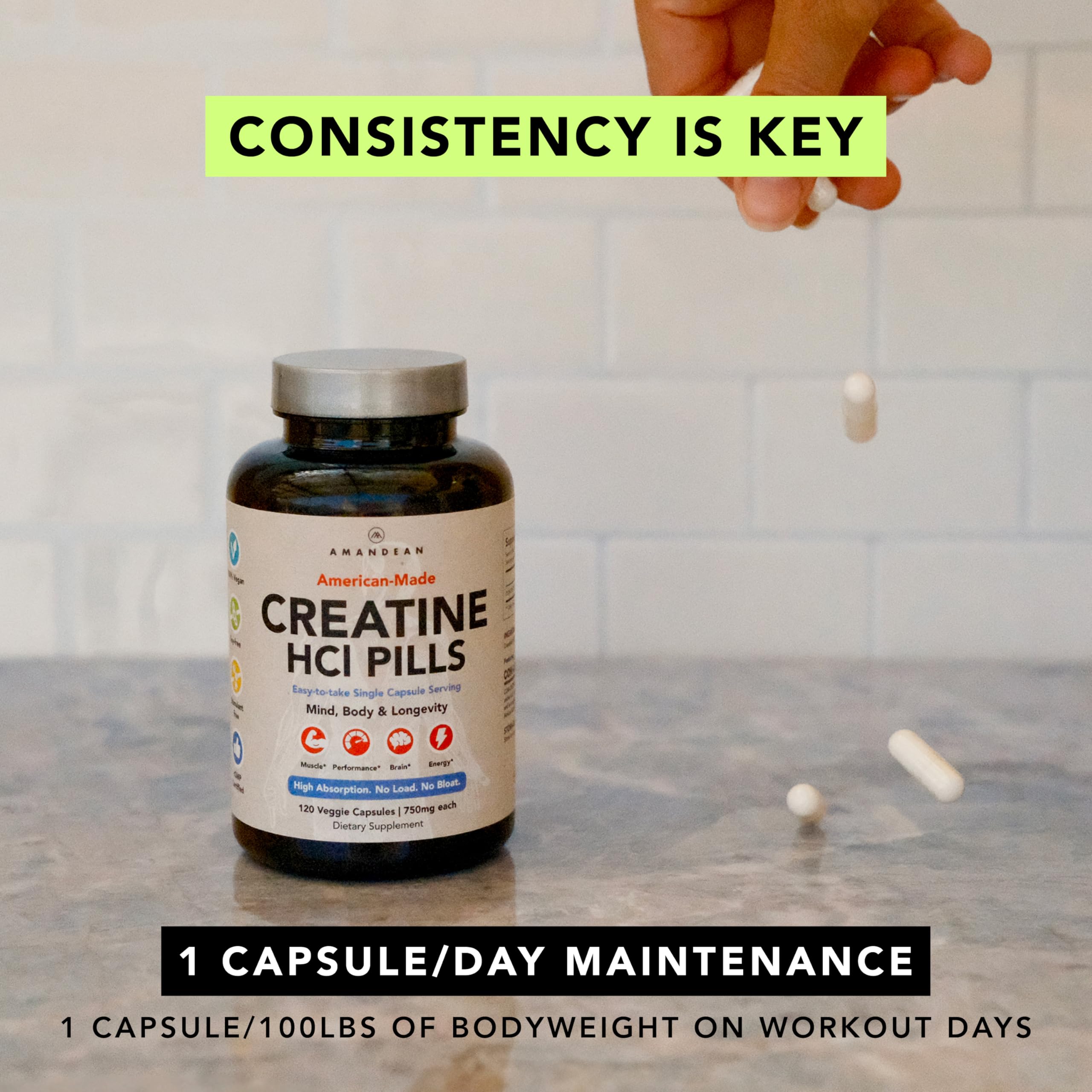 Lifestyle shot of AMANDEAN Creatine HCl capsules with fitness gear